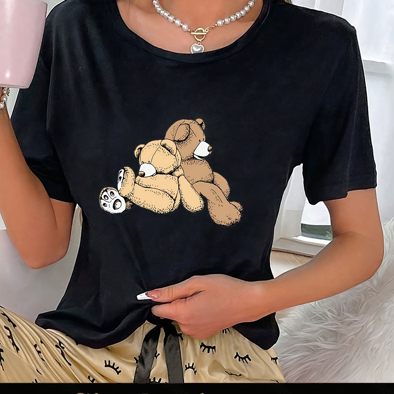 

Cute Bear Print Pajama Tops, Casual Round Neck Short Sleeve Loose Fit Top, Women's Sleepwear