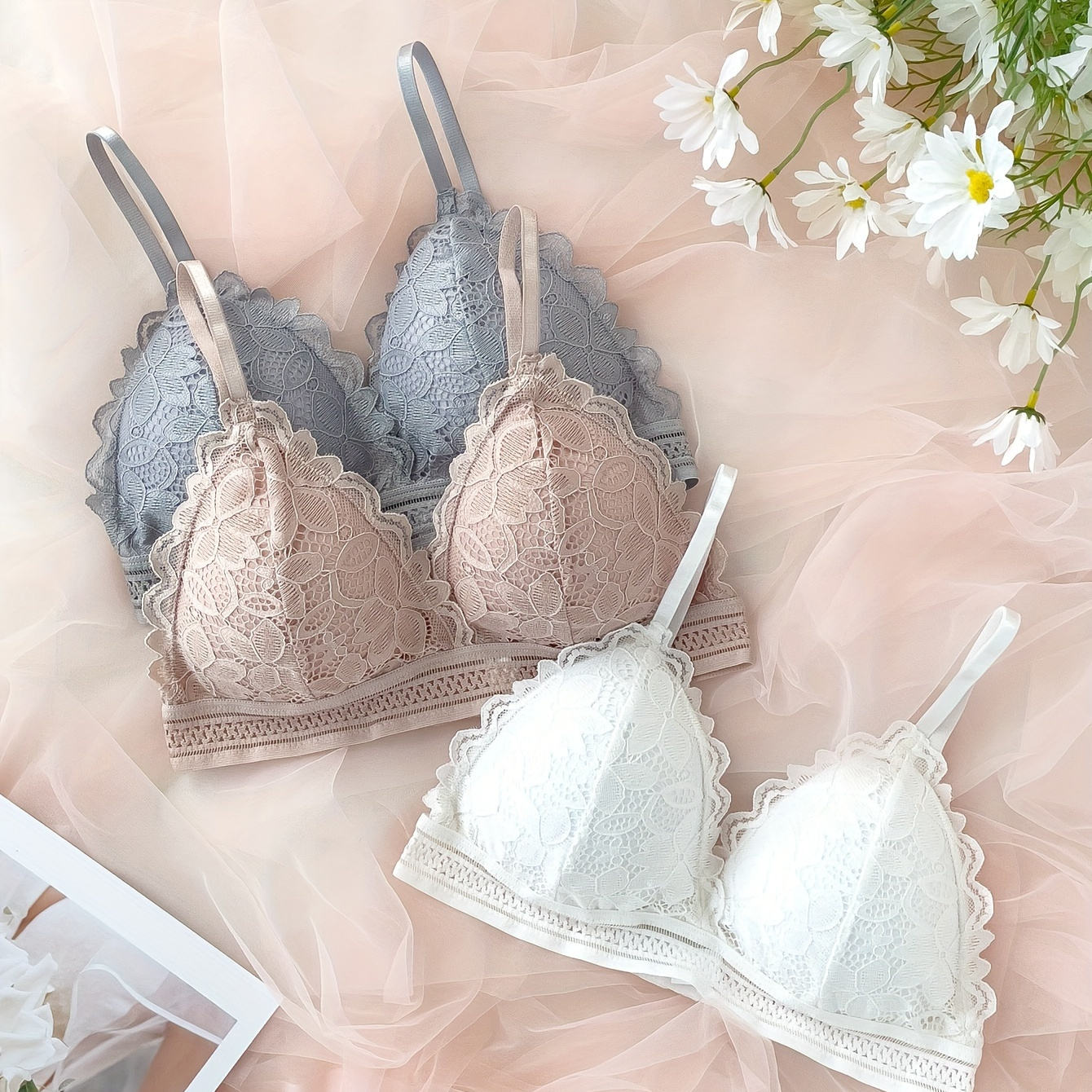 

3pcs Solid Lace Wireless Cami Bra, Sexy Comfy Push Up Bra, Women's Lingerie & Underwear