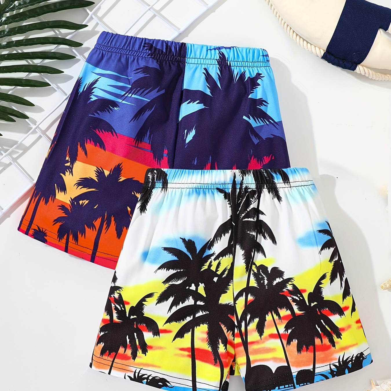 

2pcs Boys Trees Print Shorts Comfortable Breathable For Vacation Beach Kids Summer Clothes