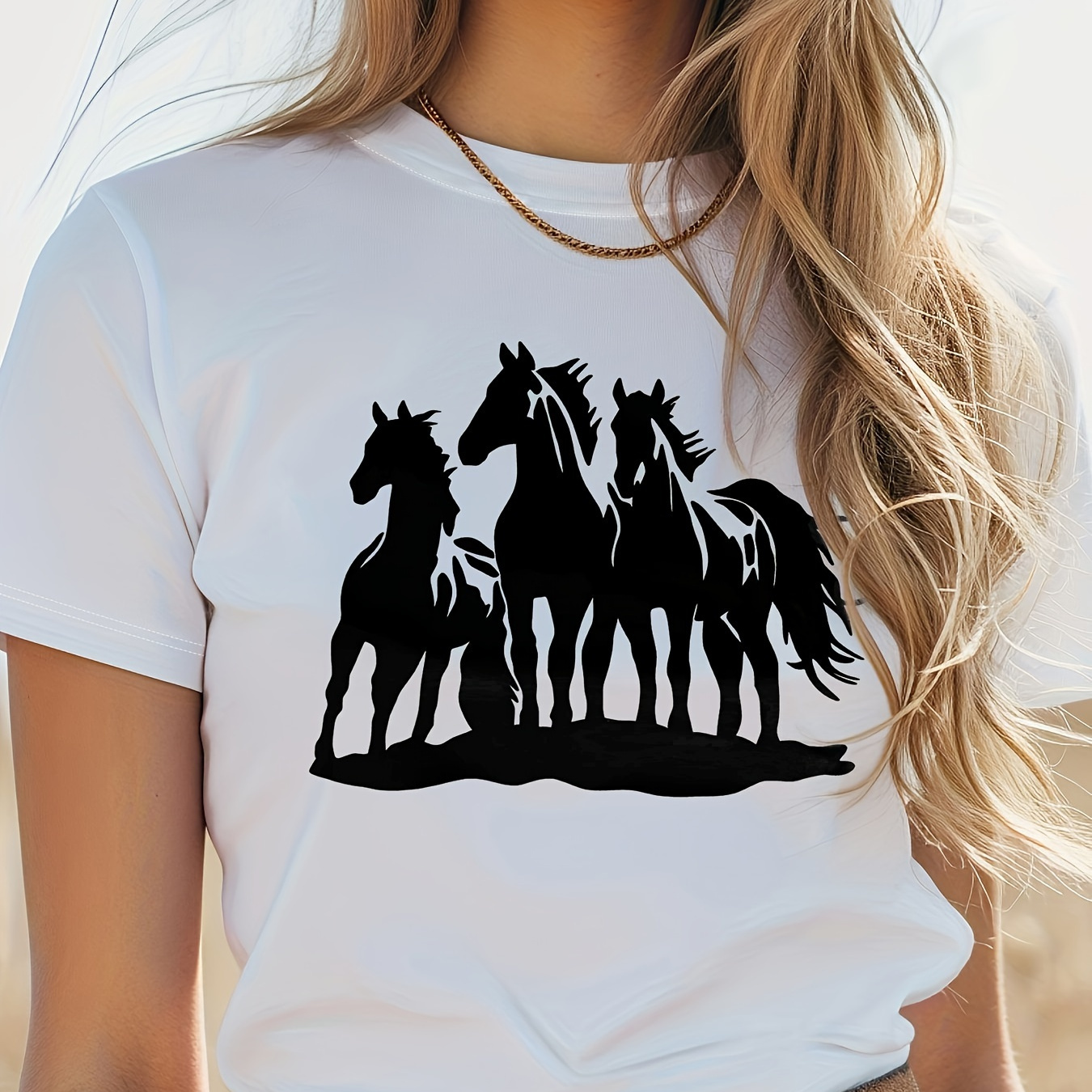 

Horse Print T-shirt, Short Sleeve Crew Neck Casual Top For Summer & Spring, Women's Clothing