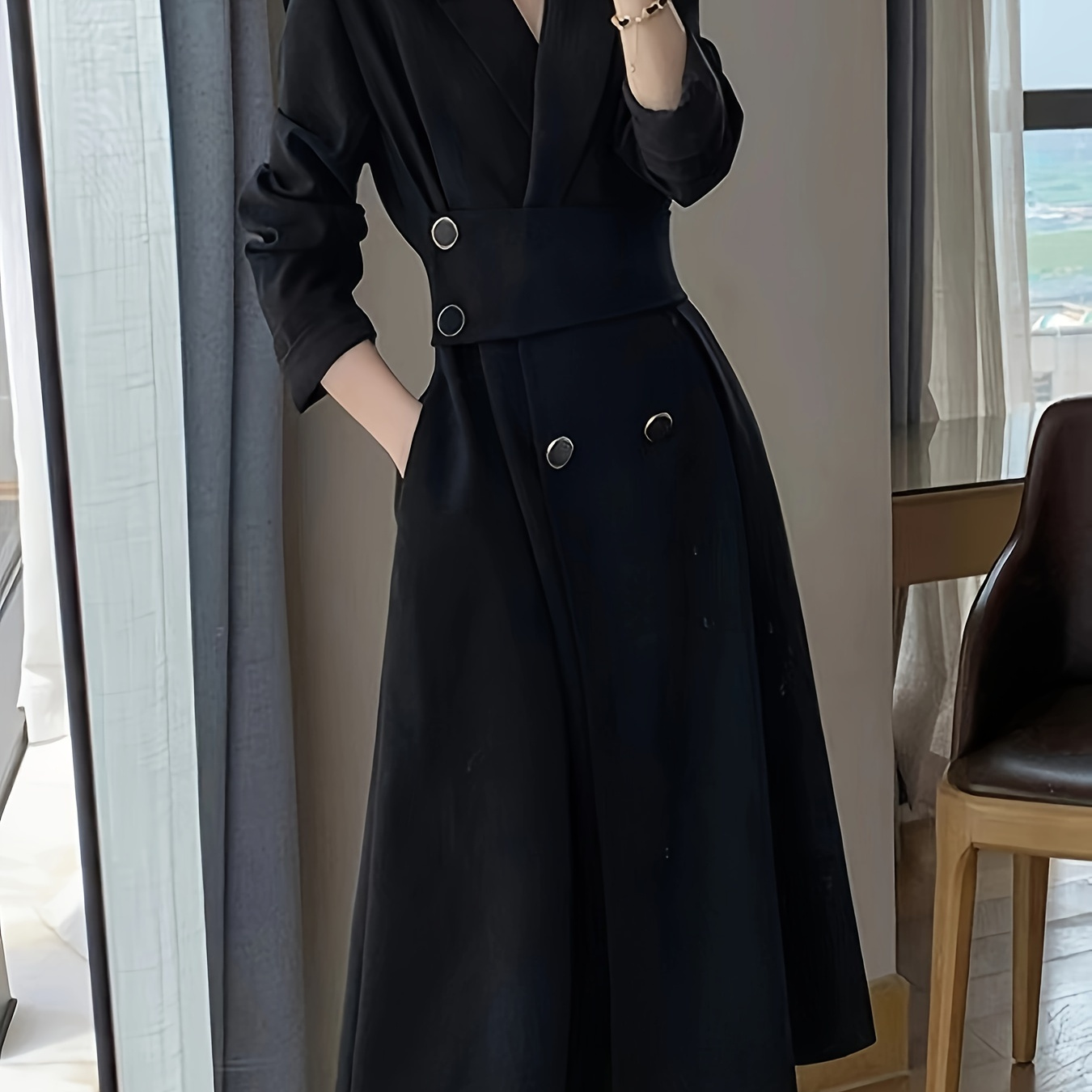 

Women's Elegant Black Midi Dress, Long Sleeve, Asymmetrical Lapel Collar, Slimming Waist, Polyester 100%, Solid Color, Woven Fabric, 230g/m², Spring/summer/fall