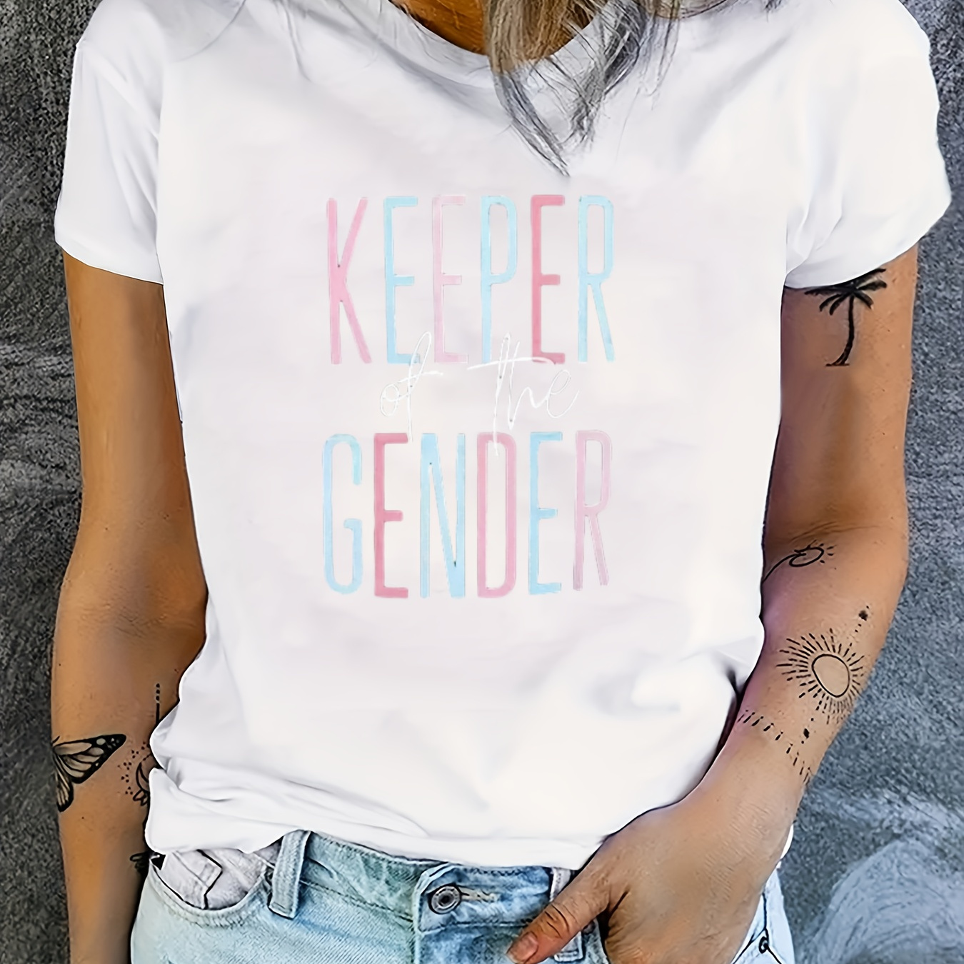 

Keeper Gender Print Crew Neck T-shirt, Short Sleeve Casual Top For Summer & Spring, Women's Clothing