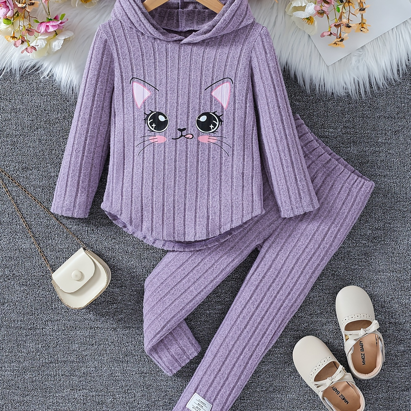 

' Cat And Pants Set - Knit Outfit - Regular Fit Long Top Matching Trousers For Kids - Comfortable Playwear, For