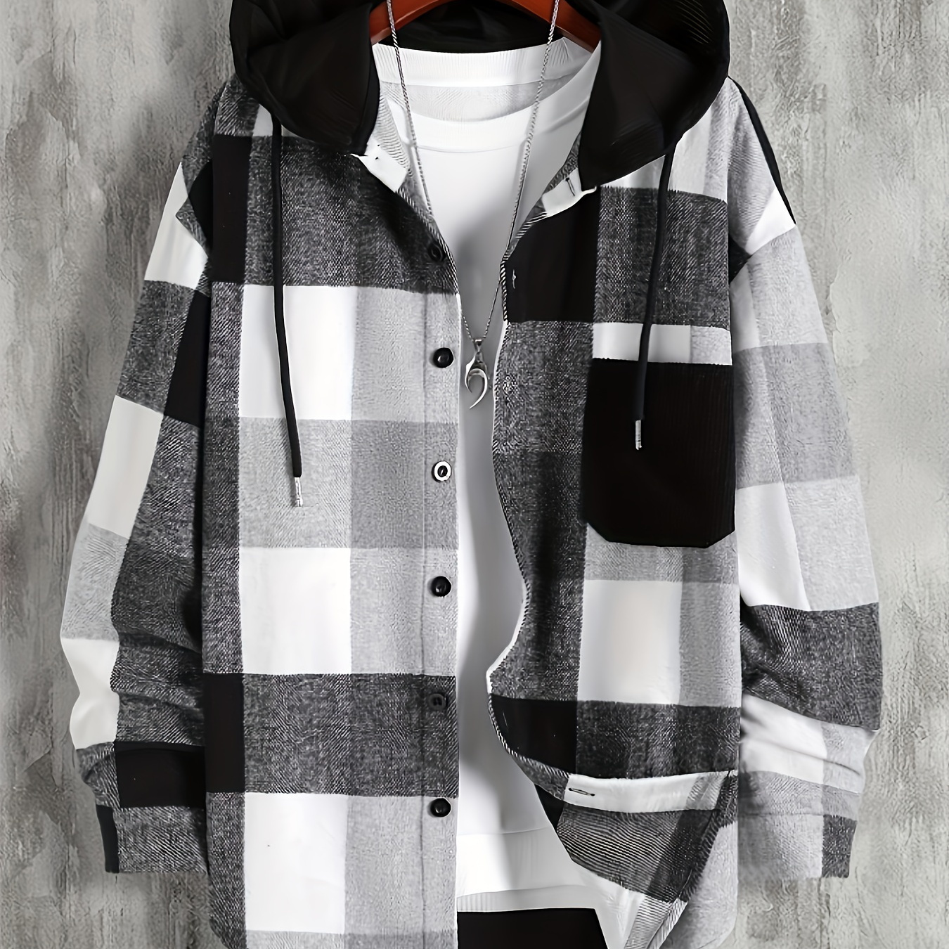 

Men's Color Block Checkered Hooded Sweatshirt Casual Long Sleeve Hoodies With Button Gym Sports Hooded Jacket