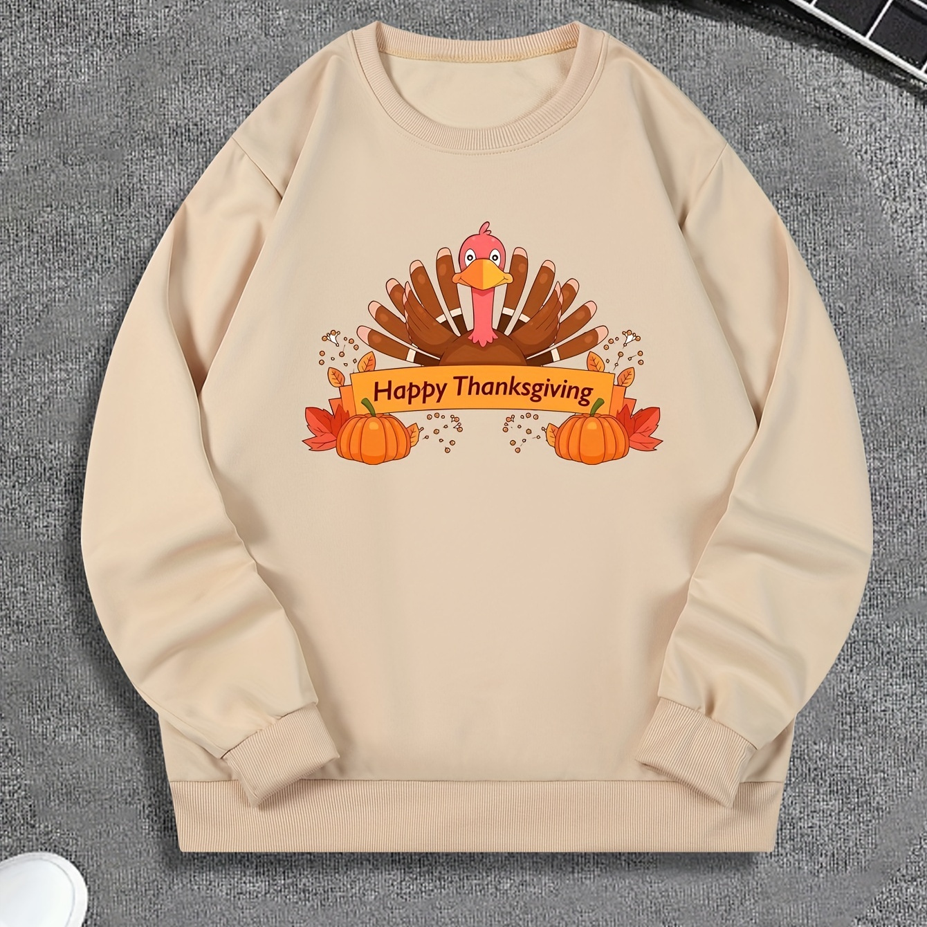 

Men's Versatile Long-sleeved Comfortable Sports Casual Top With Thanksgiving Cartoon Design Print For Spring And Autumn