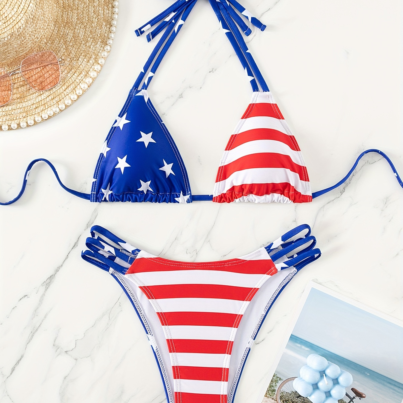 

American Flag Print Triangle Stretchy Bikini Sets, Halter V Neck Tie Back Backless High Cut Two-piece Swimsuit, Independence Day 4th Of July, Women's Swimwear & Clothing