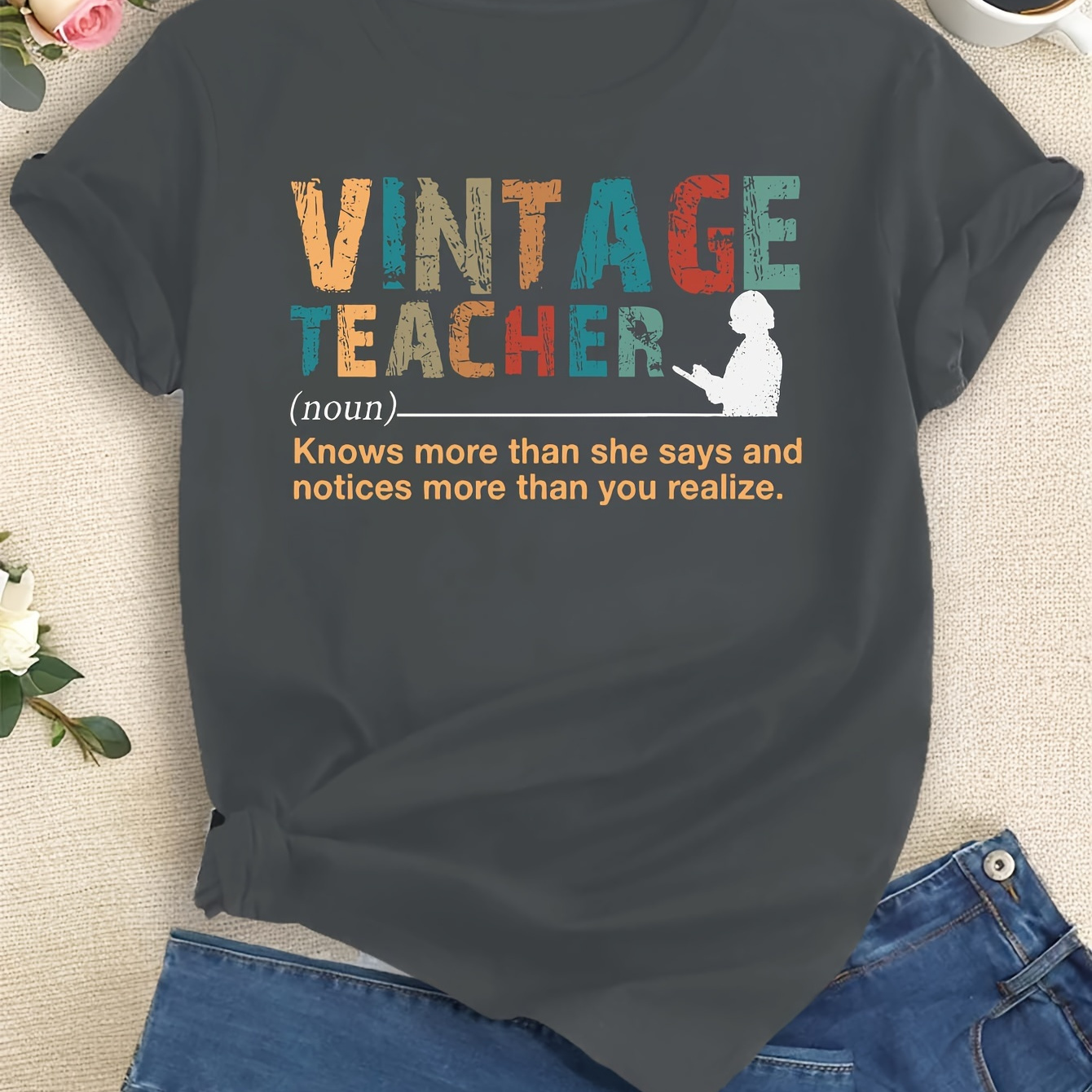 

Teachers' Day Vintage Teacher Print T-shirt, Short Sleeve Crew Neck Casual Top For Summer & Spring, Women's Clothing