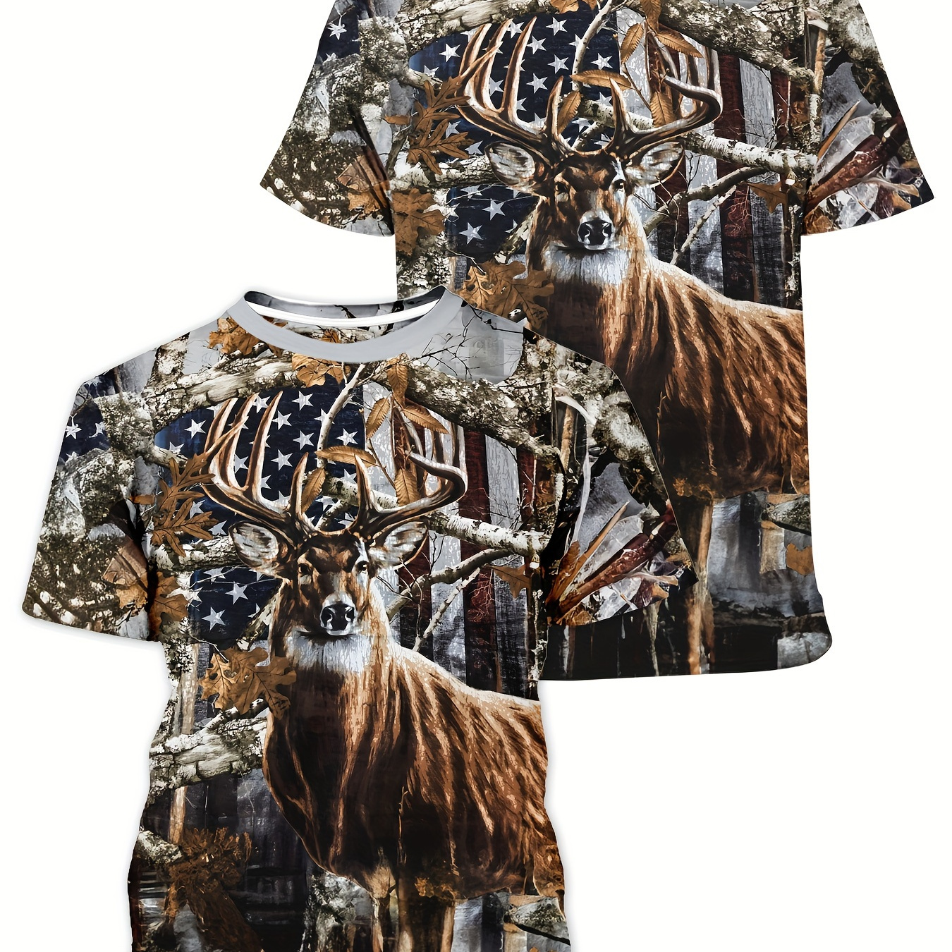 

Men's Deer Print T-shirt, Casual Short Sleeve Crew Neck Tee, Men's Clothing For Outdoor