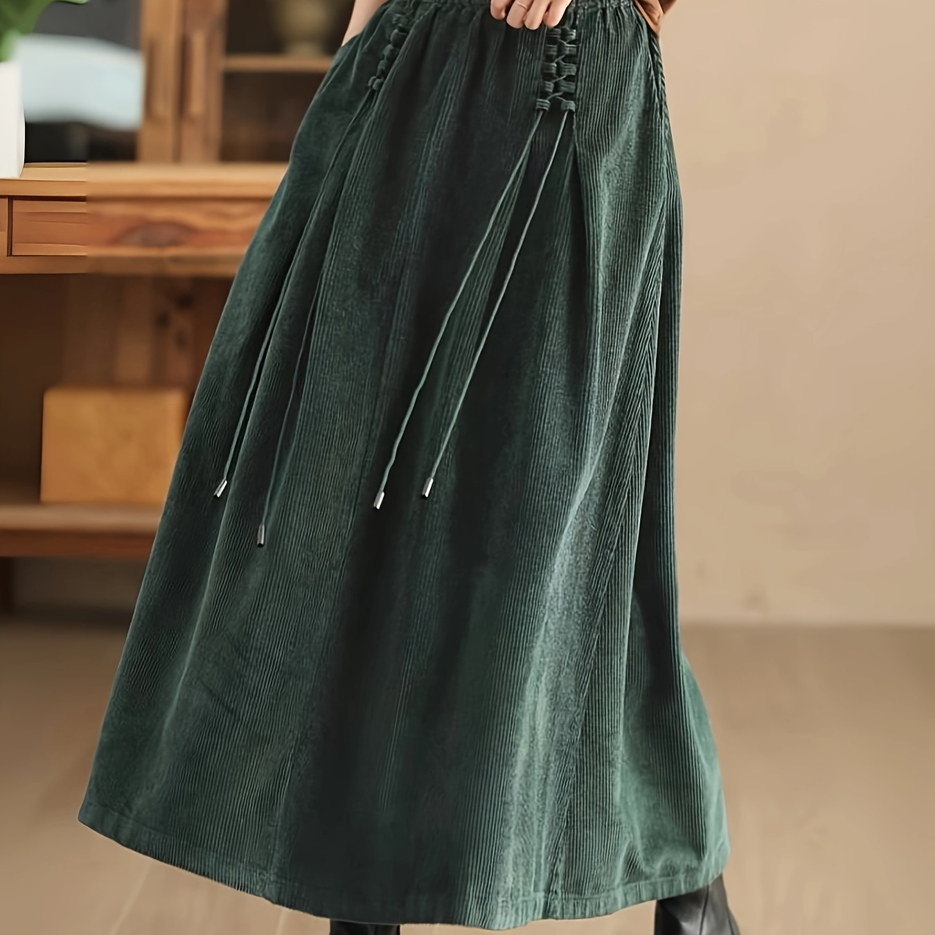 

1pc Elegant High-waisted Corduroy Skirt For Women - Polyester Woven Solid Color With Drawstring Detail, Loose Fit, Midi Skirt