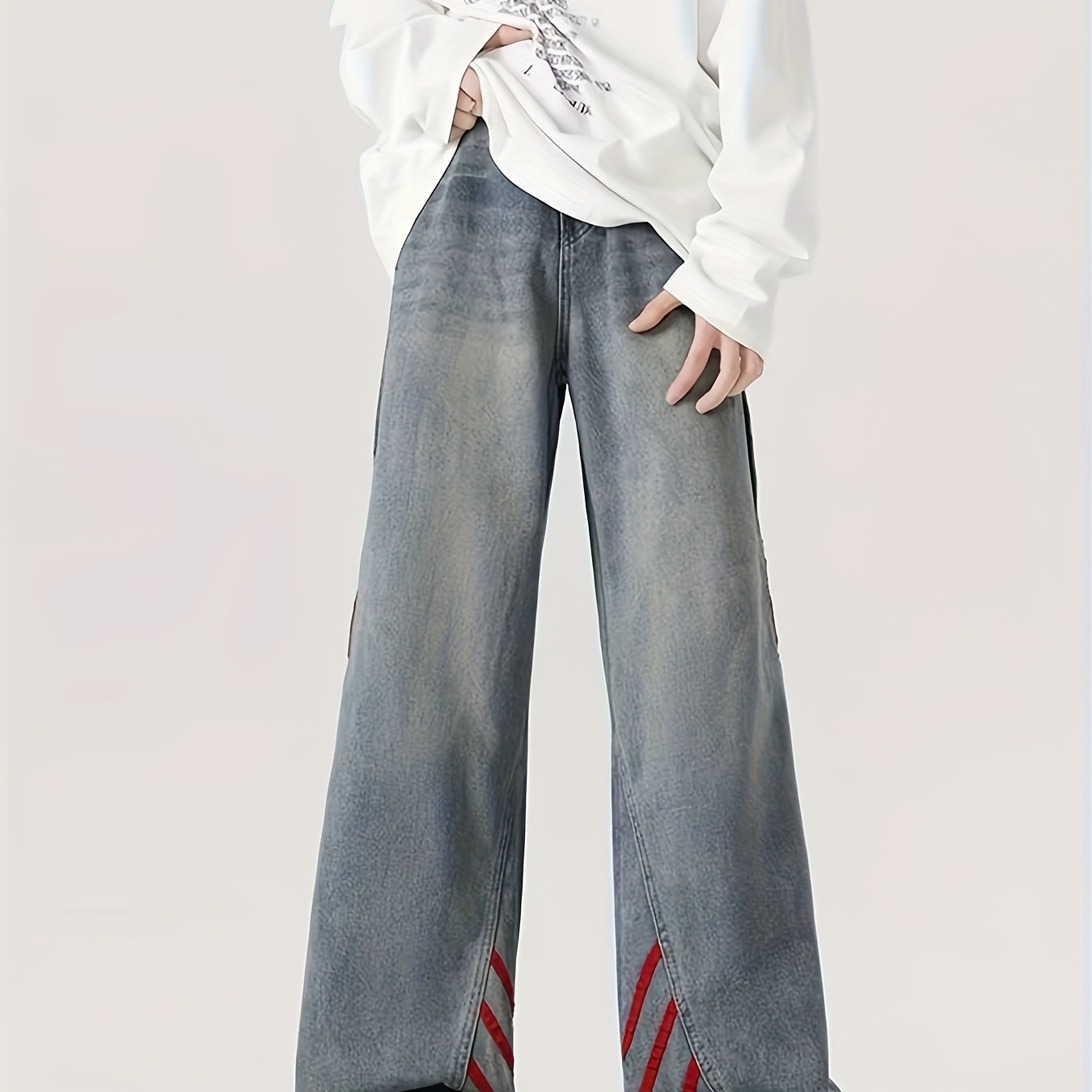 

Striped Stitching Distressed Jeans Men's 2024 Autumn New Loose Drooping Wide-leg Pants