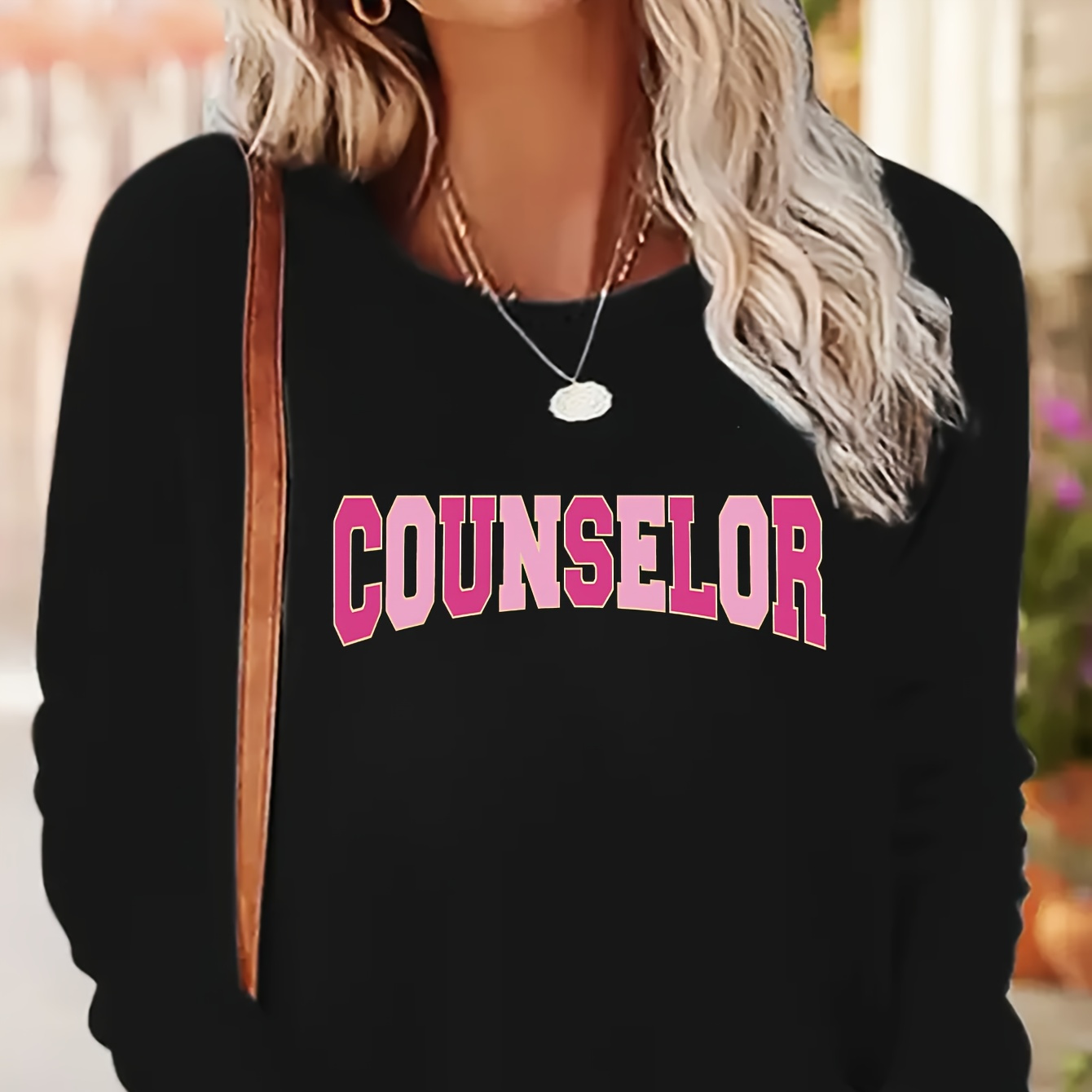 

Women's Casual Crew Neck Long Sleeve T-shirt With Alphabet 'counselor' Applique, 100% Polyester Knit Fabric - All Season Wear