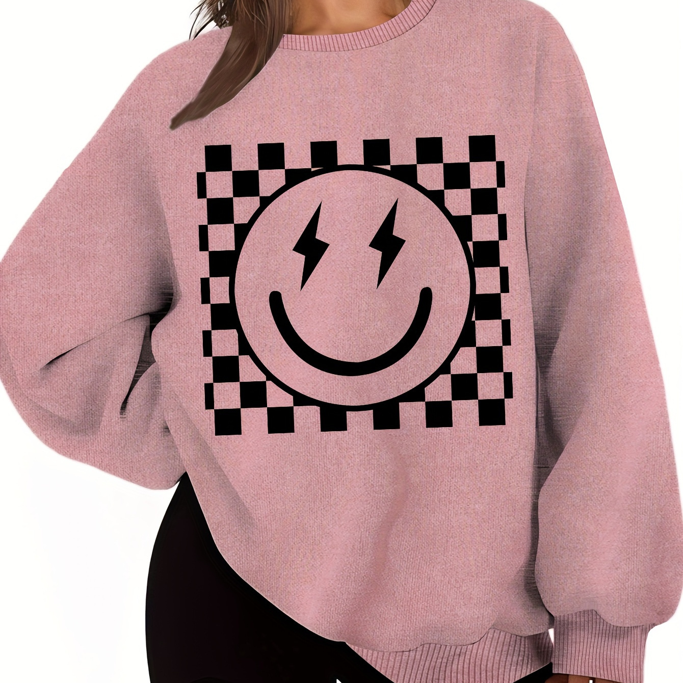 

& Checkered Print Long Sleeve Crew Neck Sweatshirt, Women's Plus Size Sportswear For Fall & Winter, Outdoor Wear