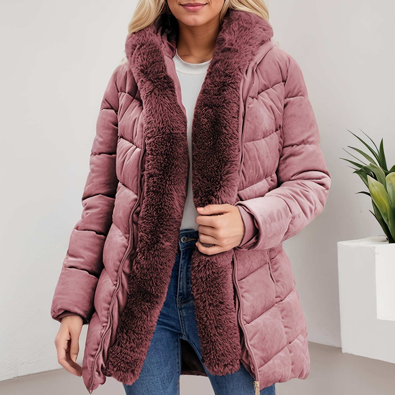 

Women's Mid-length Velvet Jacket With Removable Large Fur Collar - Stylish And Winter Outerwear