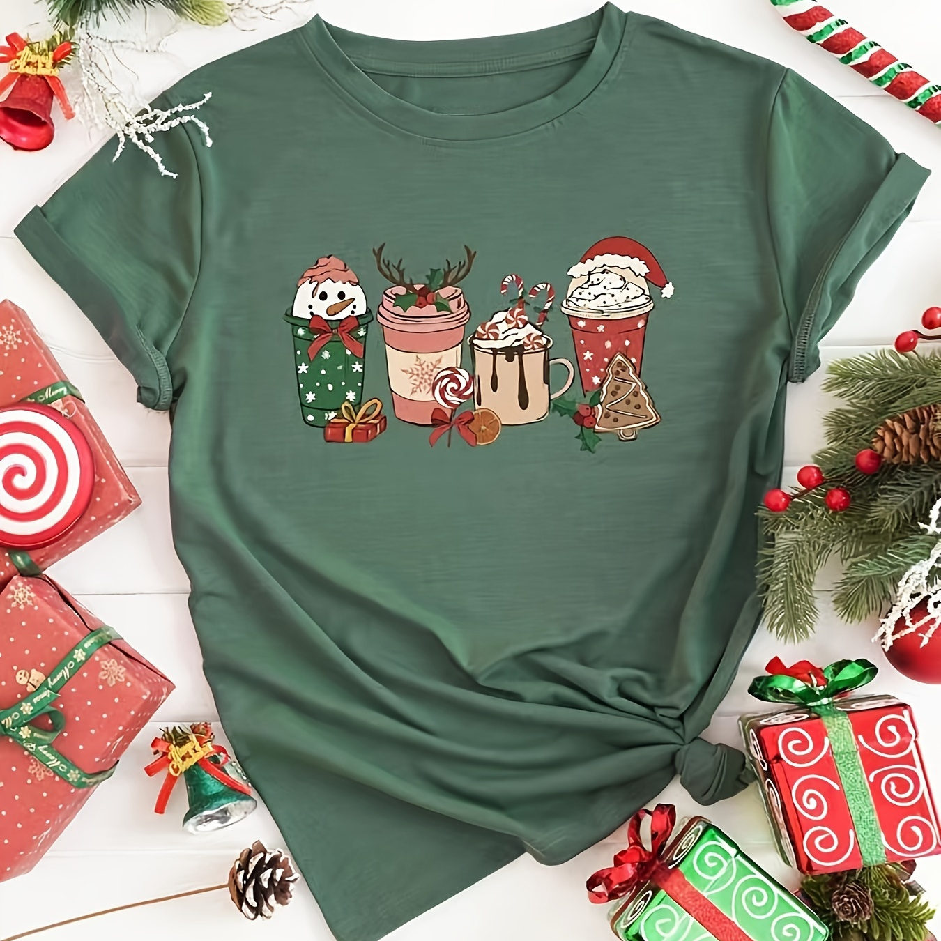 

Christmas Drink Print T-shirt, Casual Crew Neck Short Sleeve T-shirt For Spring & Summer, Women's Clothing