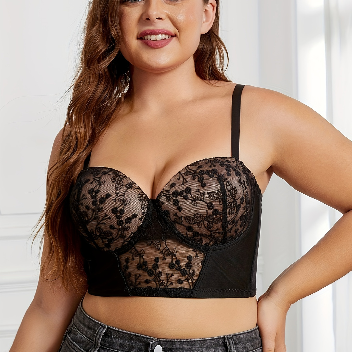 Plus Size Sexy Bra, Women's Plus Floral Embroidered Push Up Padded Semi Sheer Bralette