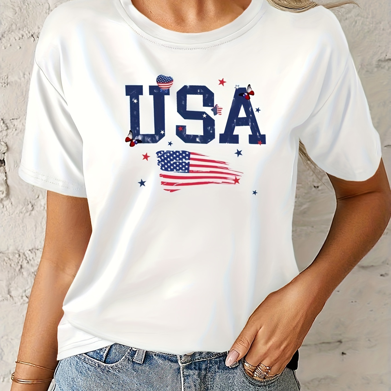 

Usa Graphic Print T-shirt, Short Sleeve Crew Neck Casual Top For Summer & Spring, Women's Clothing
