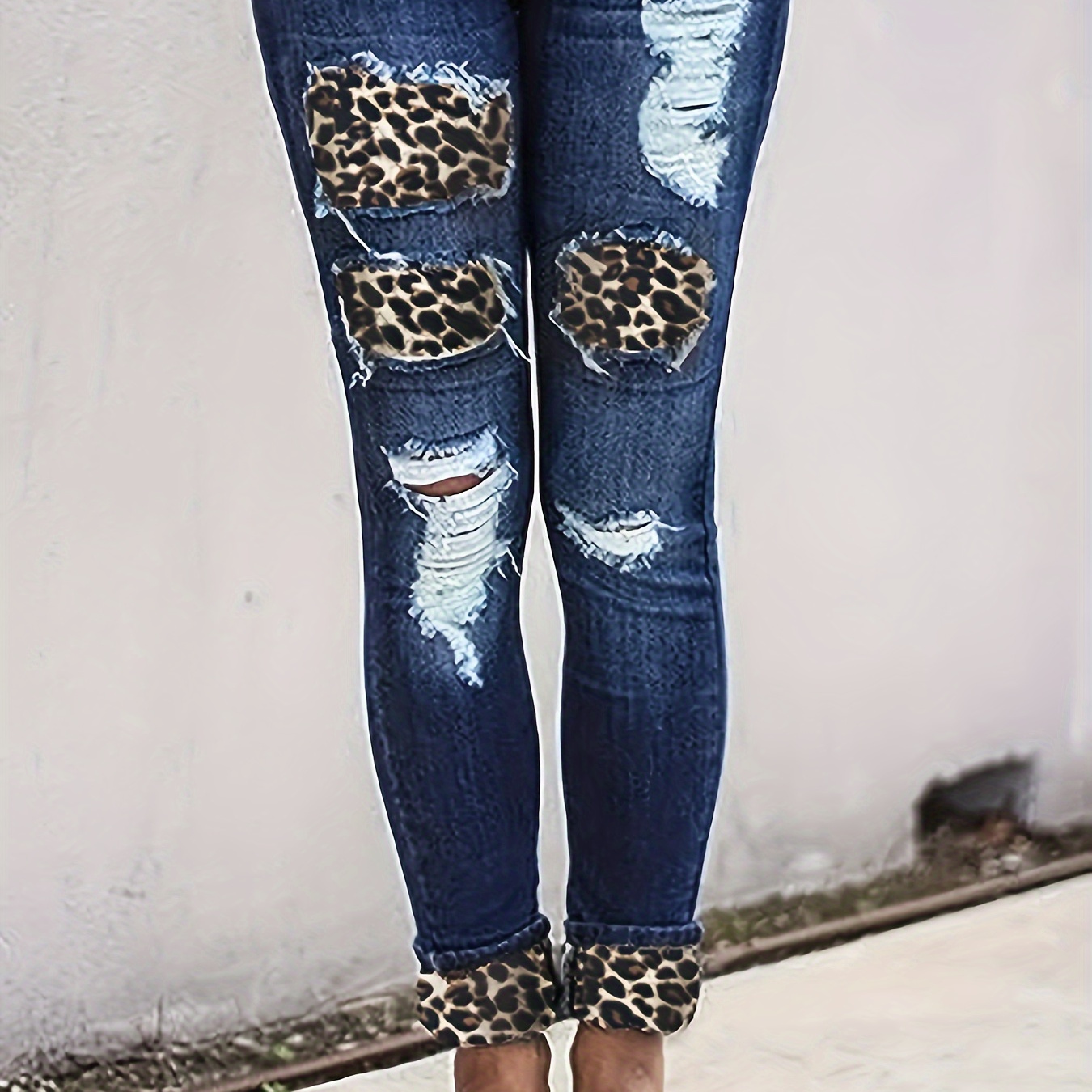

Leopard Print Ripped Patchwork Jeans, Distressed Whiskering Skinny Fit Denim Pants, Women's Denim Jeans & Clothing