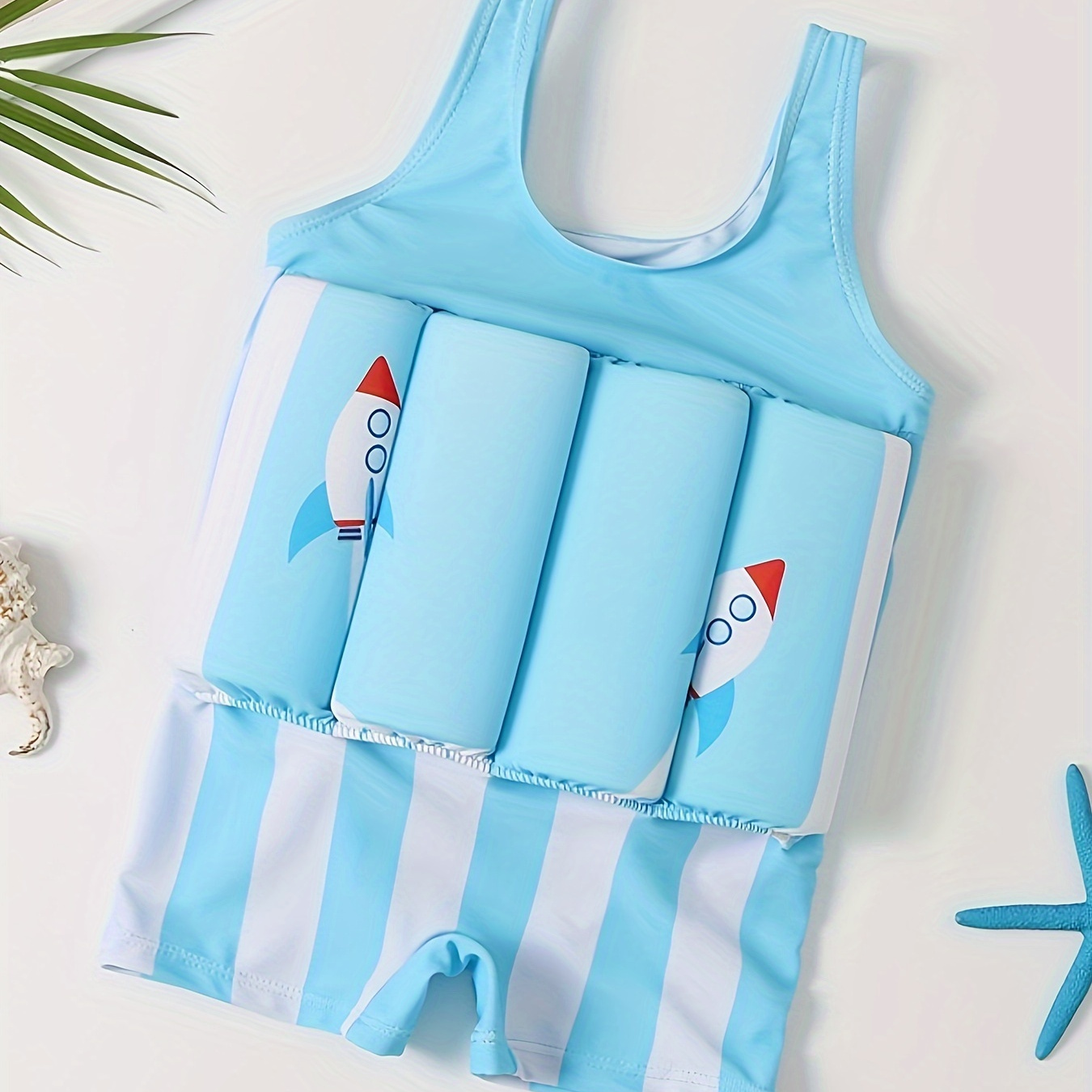 

Toddler's Cartoon Rocket Pattern One-piece Float Swimsuit, Baby Boy's Swimwear For Beach Vacation