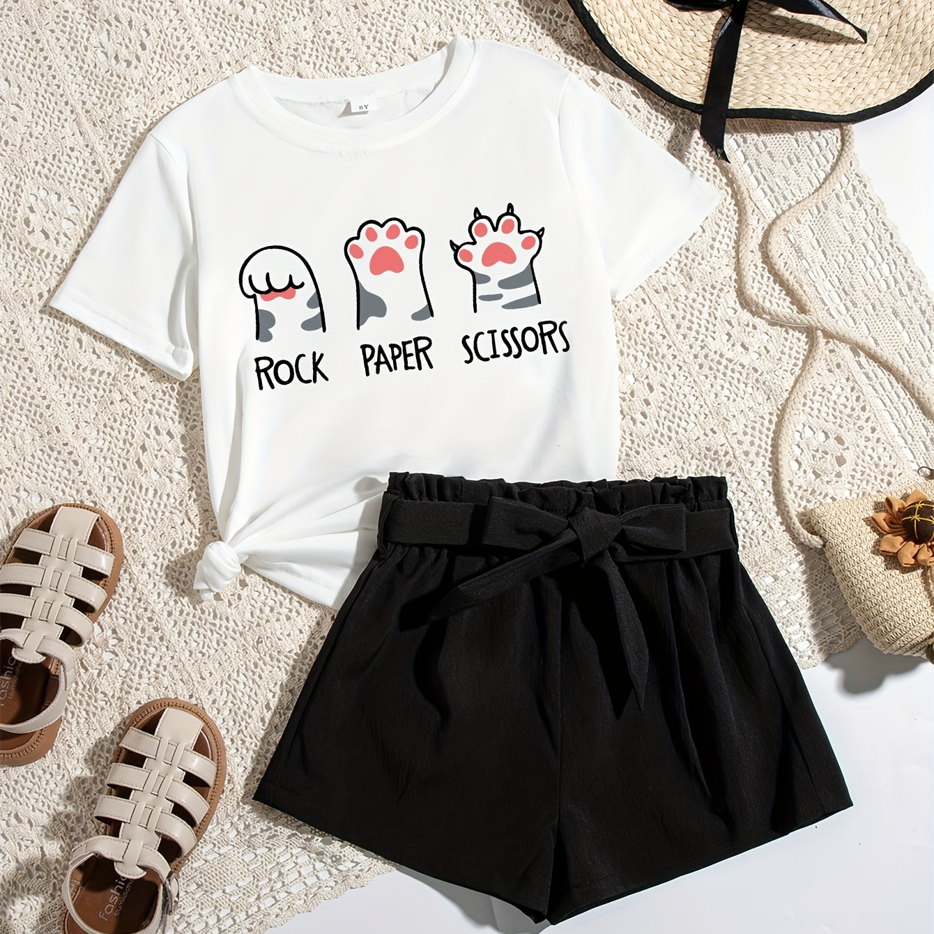 

Letters & Cartoon Cat Paws Graphic Print, Tween Girls' Casual & Stylish Outfit, 2pcs/set Short Sleeve Crew Neck Tee & High Waisted Paper Bag Shorts For Spring & Summer, Tween Girls' Clothing