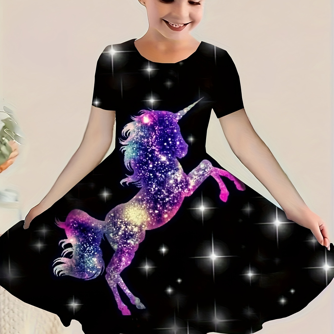 

3d Glittering Unicorn Print Short Sleeve Dress Girls Casual Crew Neck Dresses For Summer Party