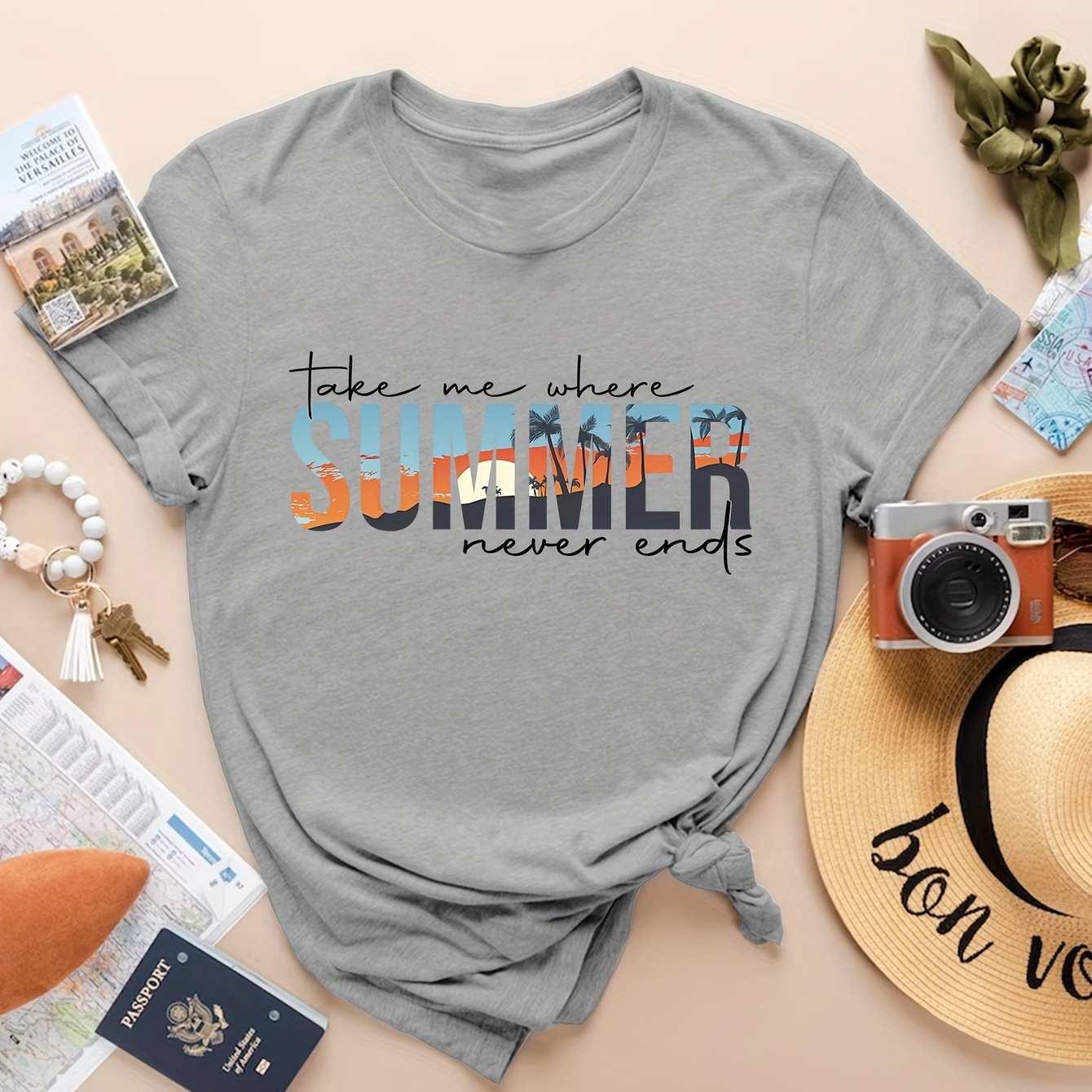 

Summer Print Crew Neck T-shirt, Casual Short Sleeve T-shirt For Spring & Summer, Women's Clothing