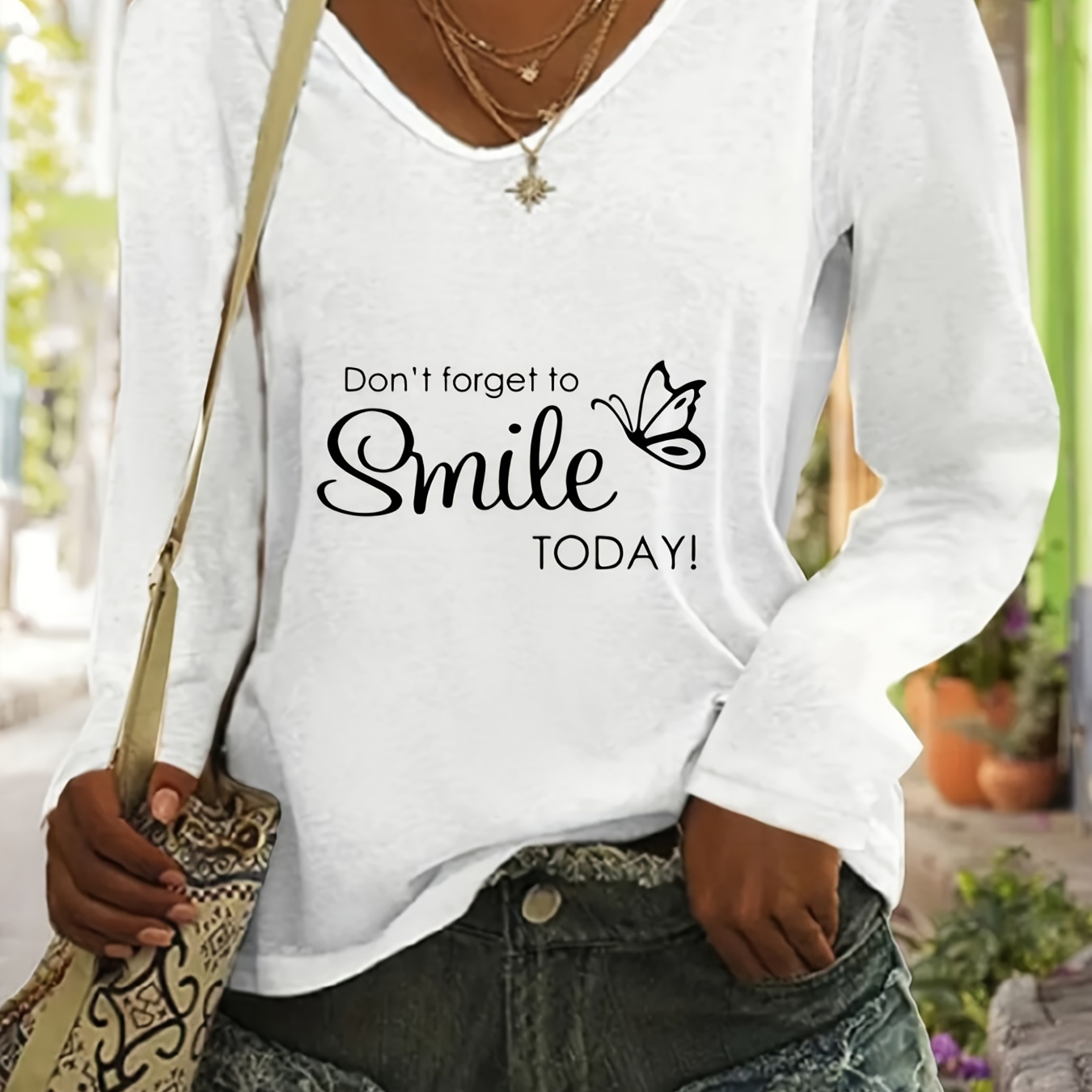 

Smile Print T-shirt, Long Sleeve V Neck Casual Top For Spring & Fall, Women's Clothing