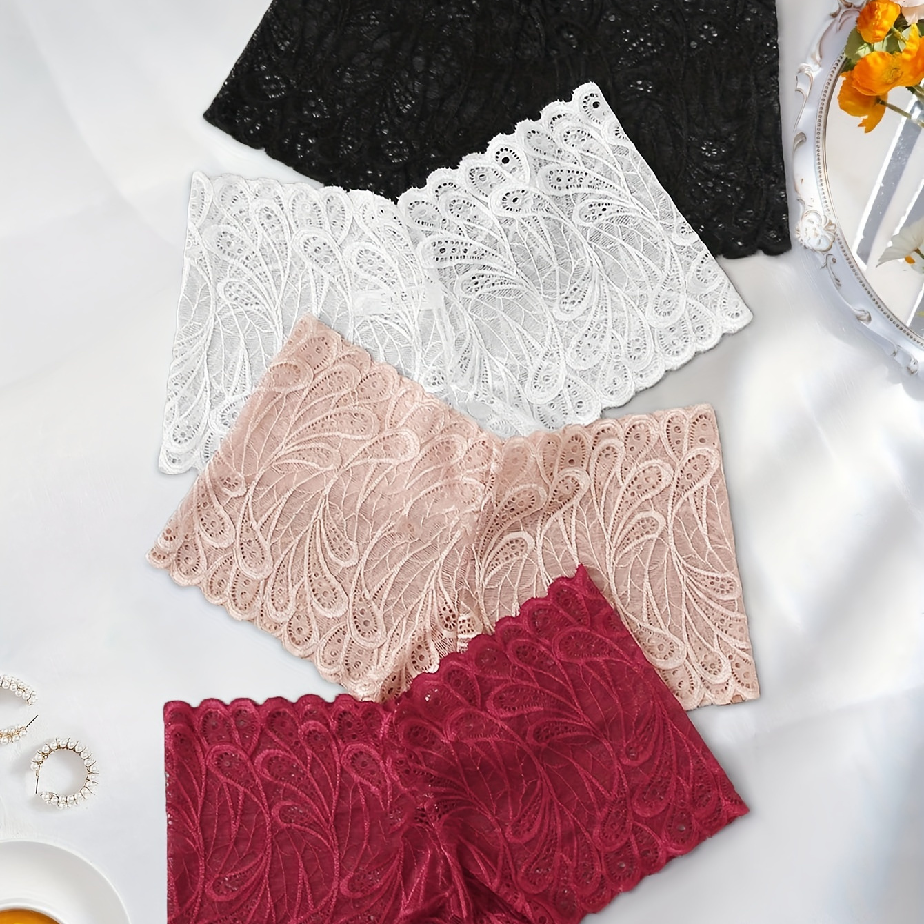 

4pcs Floral Lace Boyshort Panties, Soft & Comfy Stretchy Intimates Panties, Women's Lingerie & Underwear