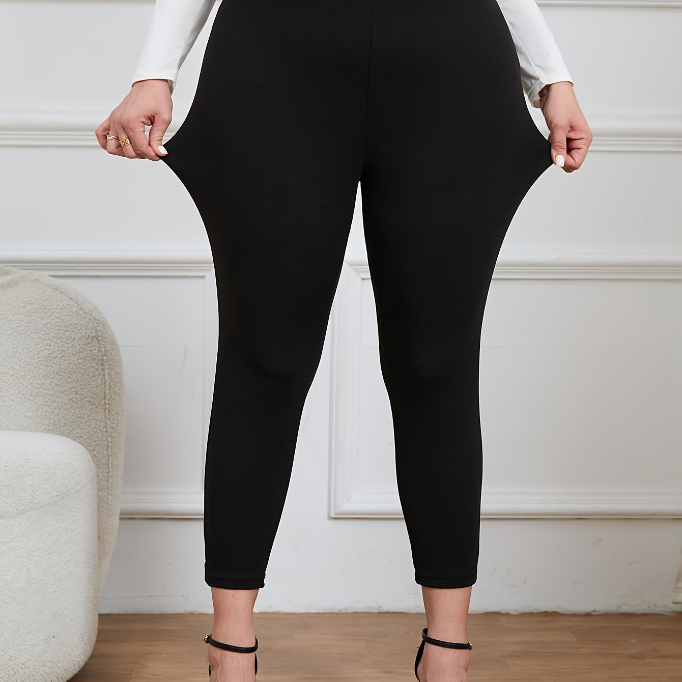 

Plus Size Basic Pants, Women's Plus Solid Button Decor High Rise Slight Stretch Skinny Trousers