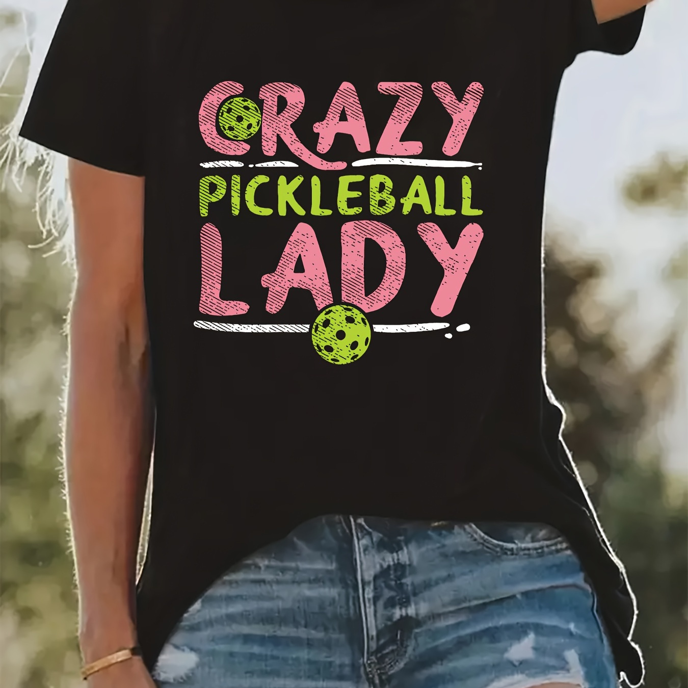 

Crazy Pickleball Lady Print T-shirt, Casual Crew Neck Short Sleeve Top For Spring & Summer, Women's Clothing