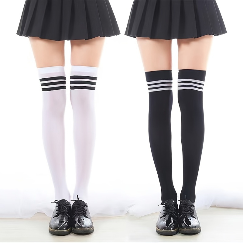

2 Pairs Striped Print Thigh High Stockings, College Style Simple Over The Knee Socks, Women's Stockings & Hosiery