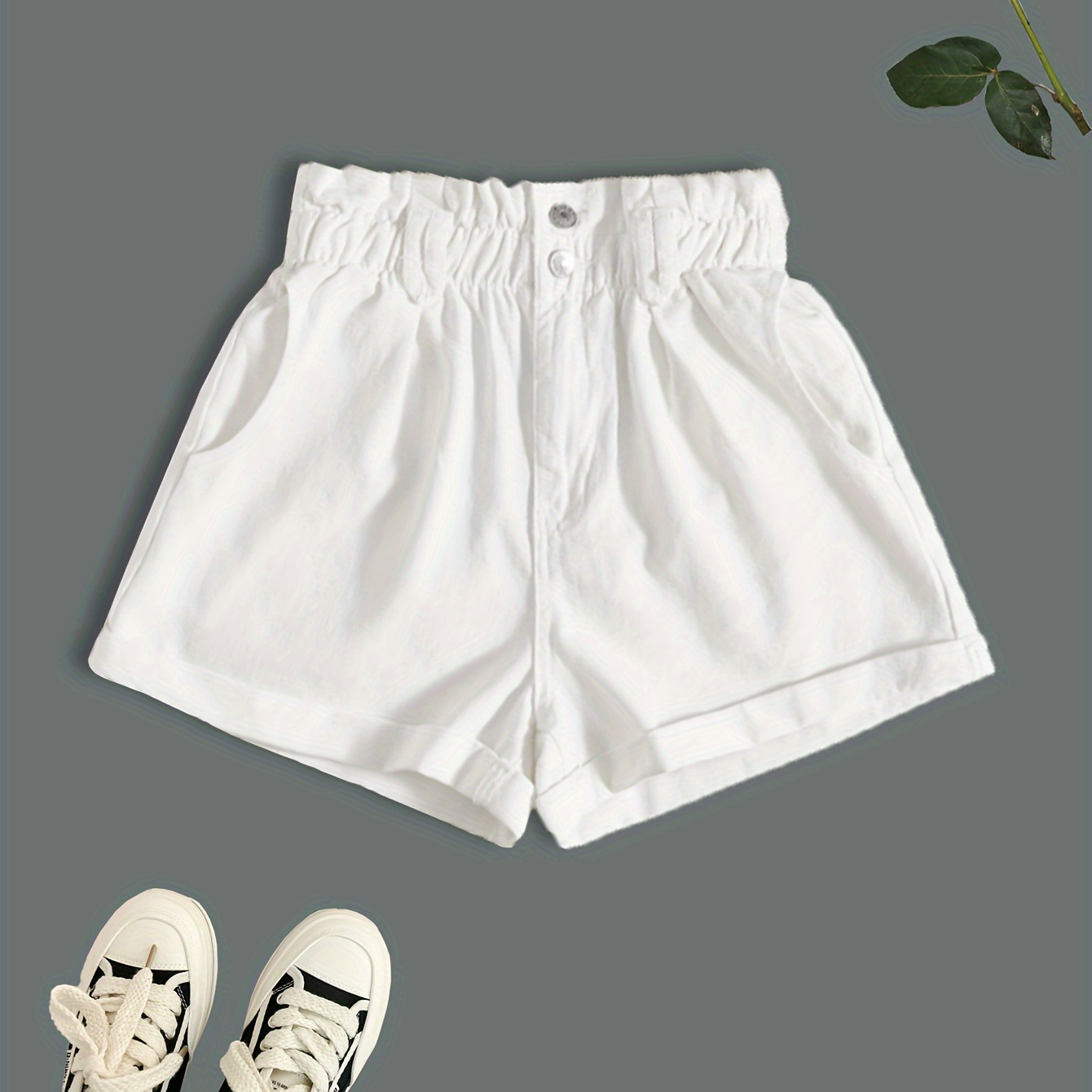 

Women's Fashion Denim Shorts, Casual Style, Elastic Waistband, Plain White, Summer Essential, Versatile Pockets