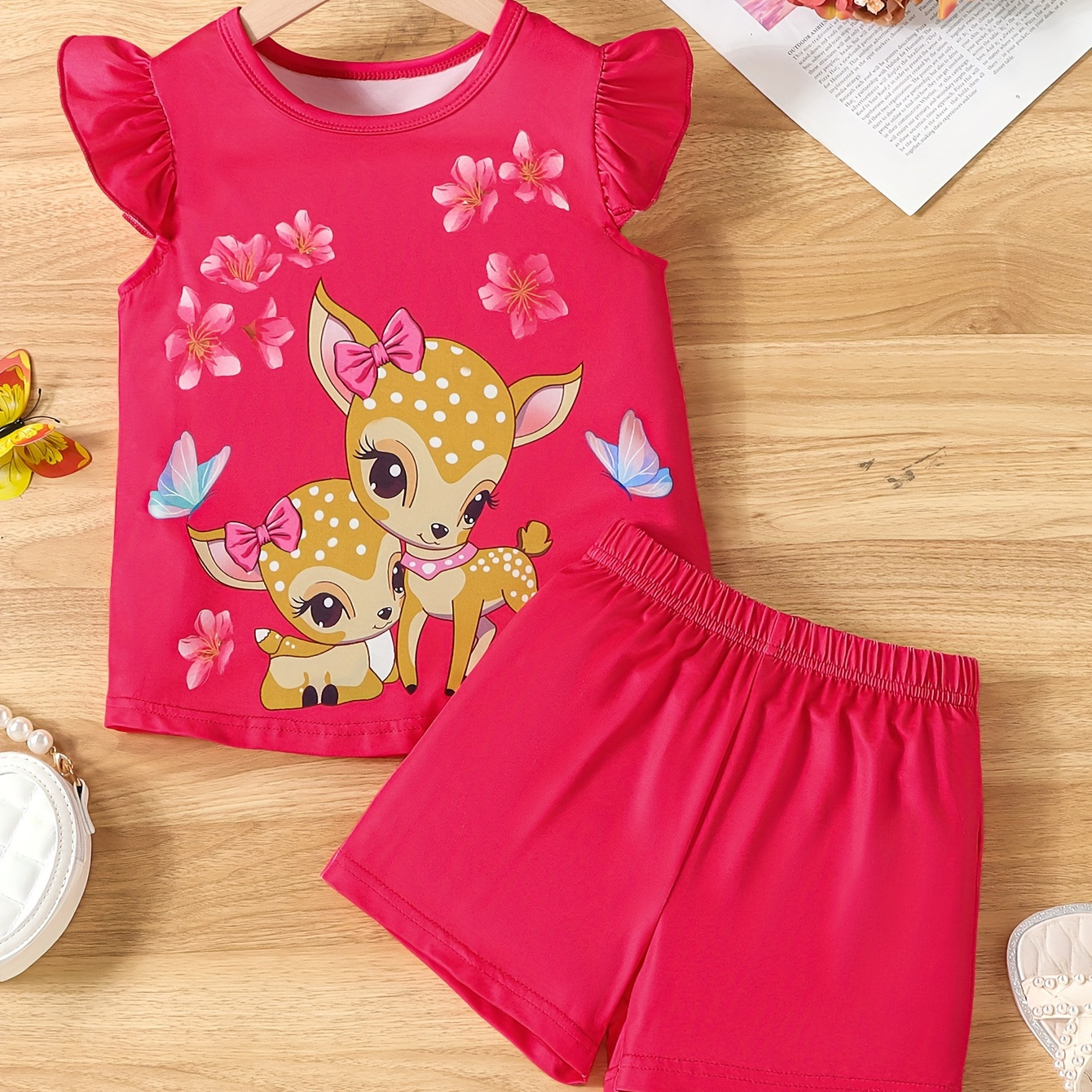 TEMU Adorable Deer Print Girls 2pcs Frill Sleeve Top + Elastic Waist Shorts Set, Casual Cute 2-piece Summer Outfit For Girls