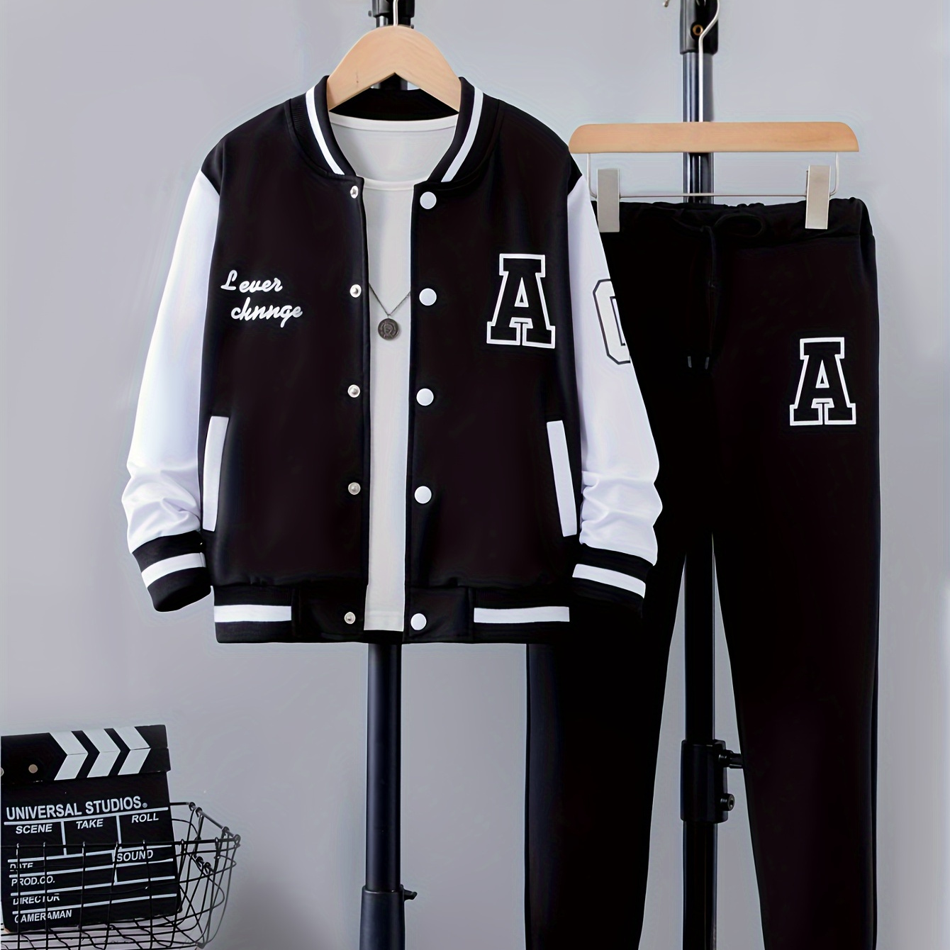 

2pcs Boy's Letter Print Varsity Jacket Outfit, Preppy Style Bomber Jacket & Pants Set, Kid's Clothes For Fall Winter, As Gift