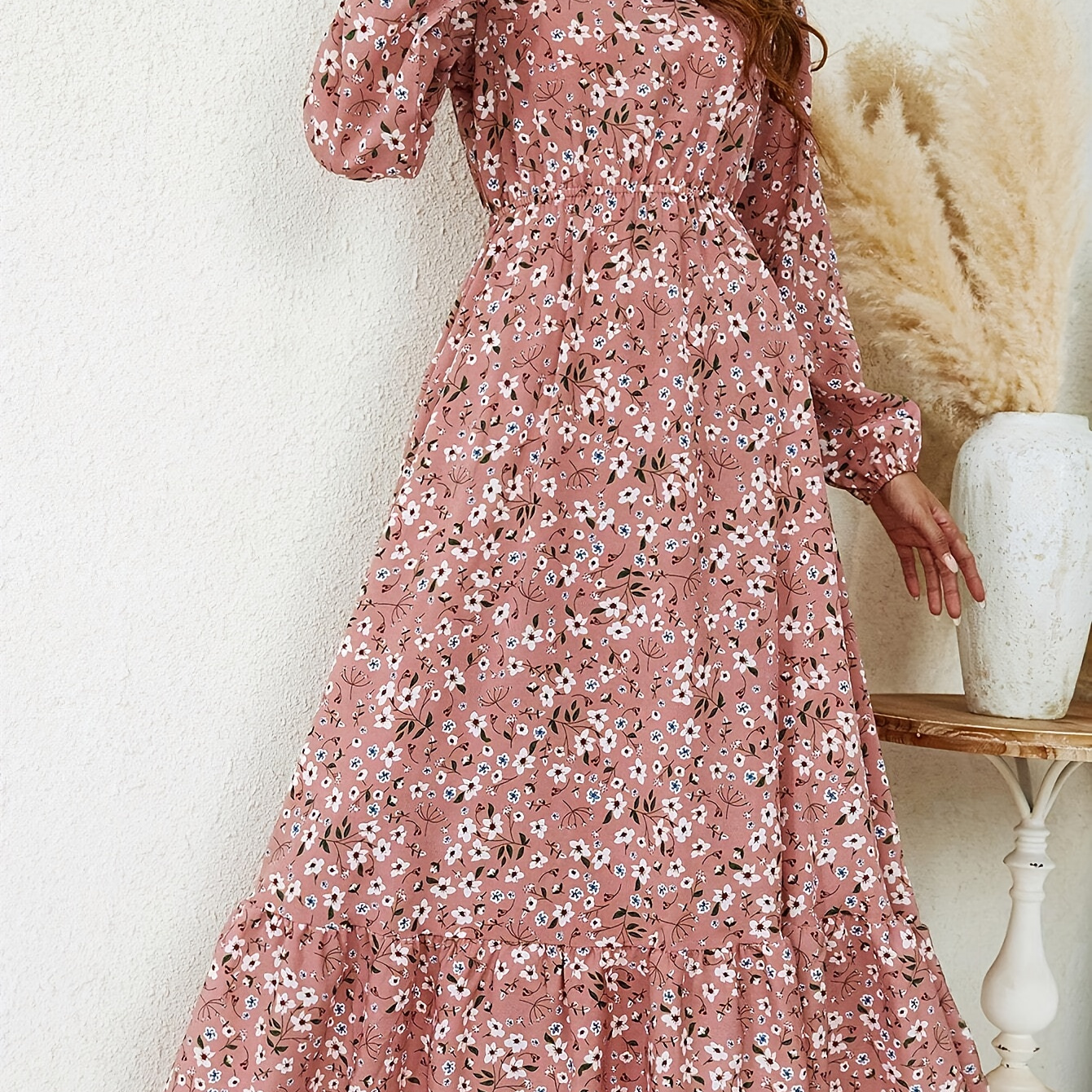 

Robe longue à volants bohème, robe longue à taille élastique imprimée florale décontractée à manches longues et col rond, vêtements pour femmes