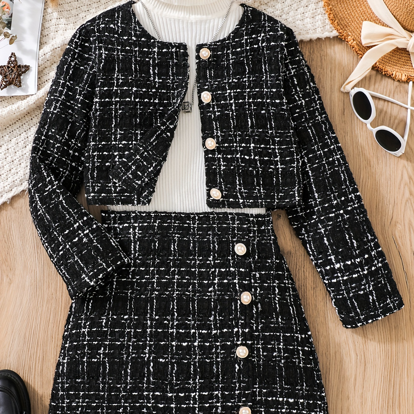 

[2pcs] Elegant Tweed Knit Crew Neck + Skirt Set Girls Outfit, Suitable For