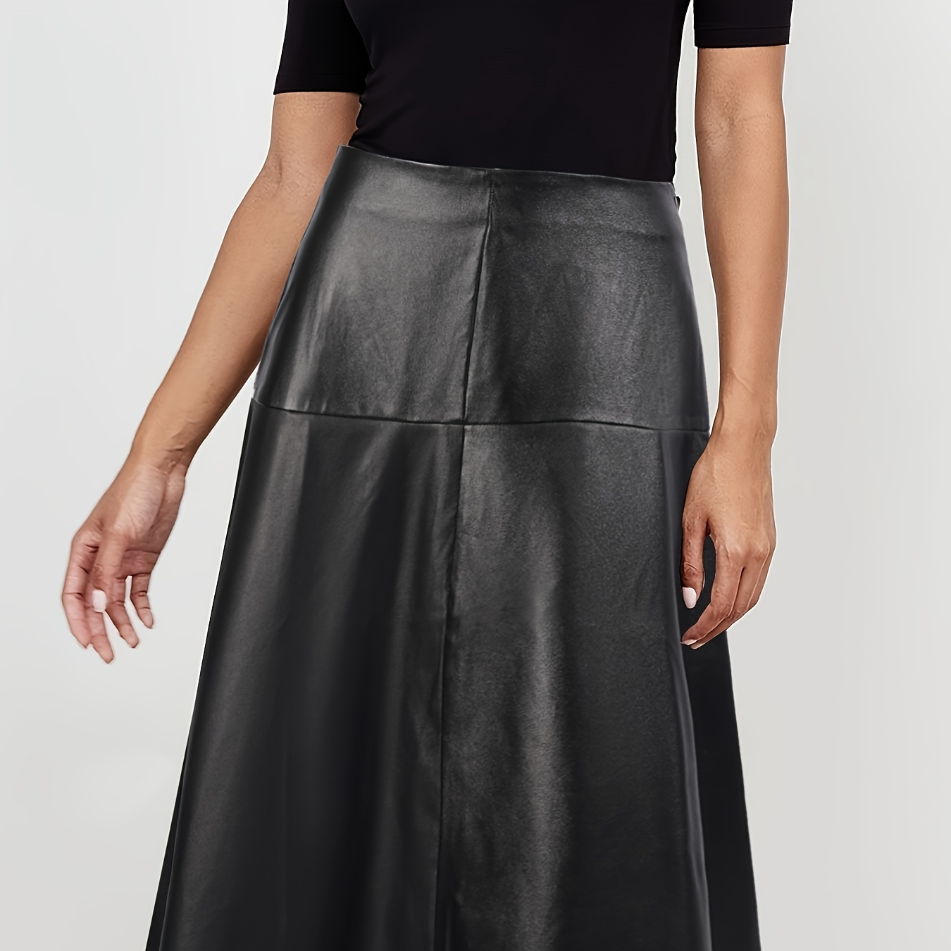 

Women's Elegant Pu Leather A-line Midi Skirt - Spring/fall Solid Color, 100% Polyurethane, Zipper Closure, Non-textile Weave,