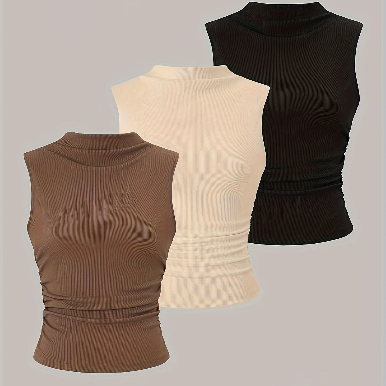 

3 Pack Solid Color Mock Neck Tank Top, Versatile Slim Ruched Sleeveless Tank Top For Spring & Summer, Women's Clothing