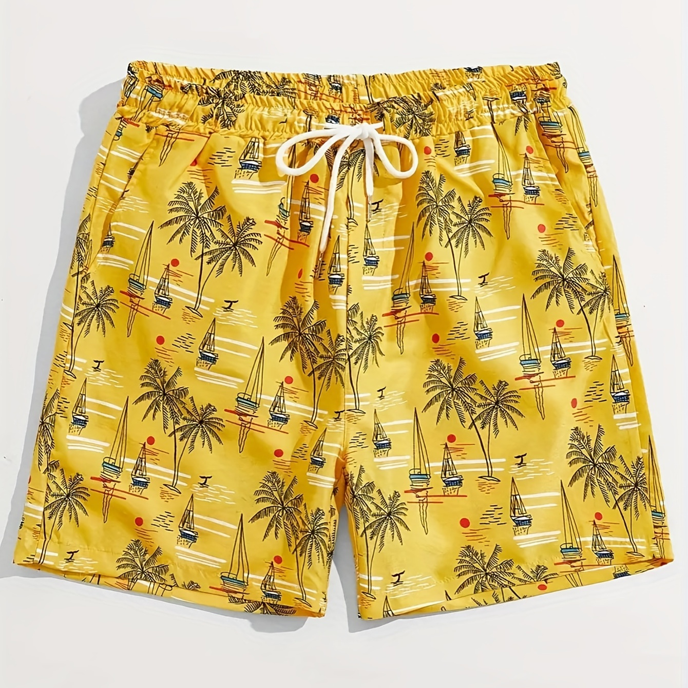 Plus Size Men's Tropical Trees Graphic Print Beach Shorts, Summer Swimming Trunks/boxer Shorts With Slightly Stretchy Fabric For Males