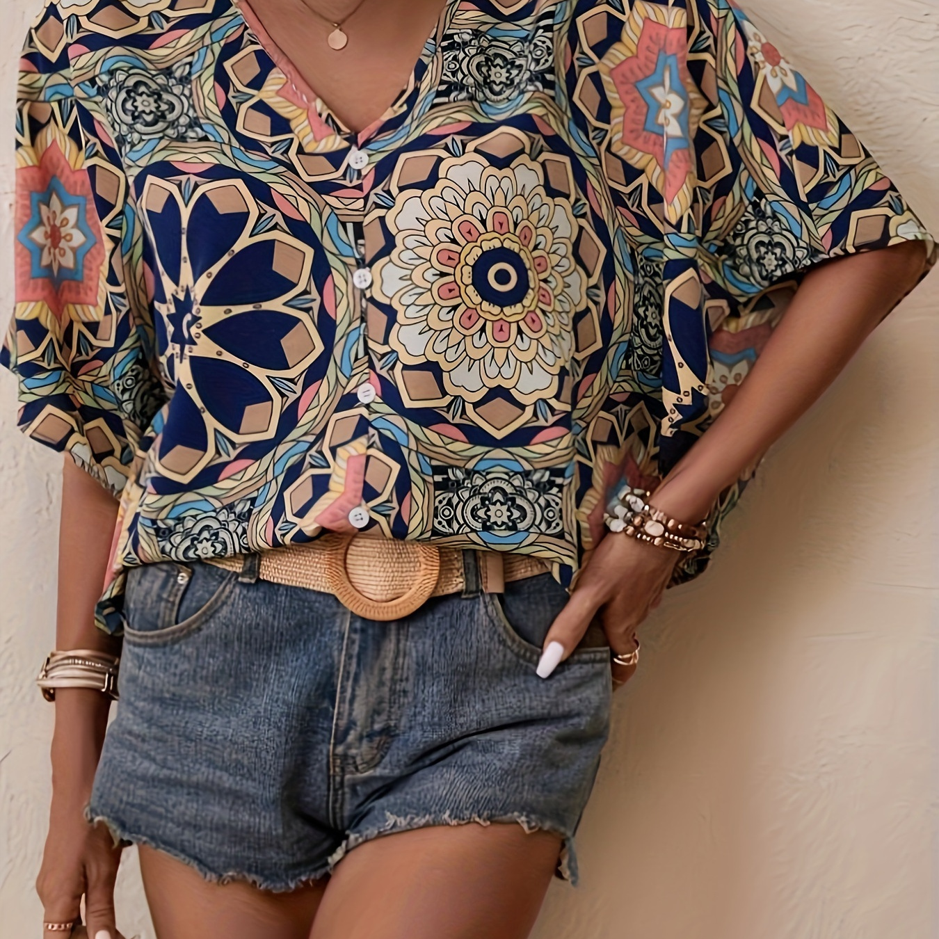 

Floral Print V Neck Blouse, Elegant Short Sleeve Top For Spring & Summer, Women's Clothing