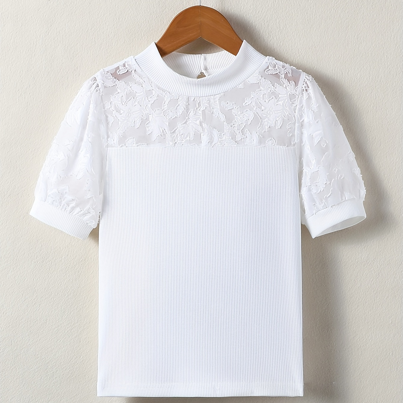 

Girls Solid Lace Spliced Mesh Shoulder Puff Sleeve Crop T-shirt