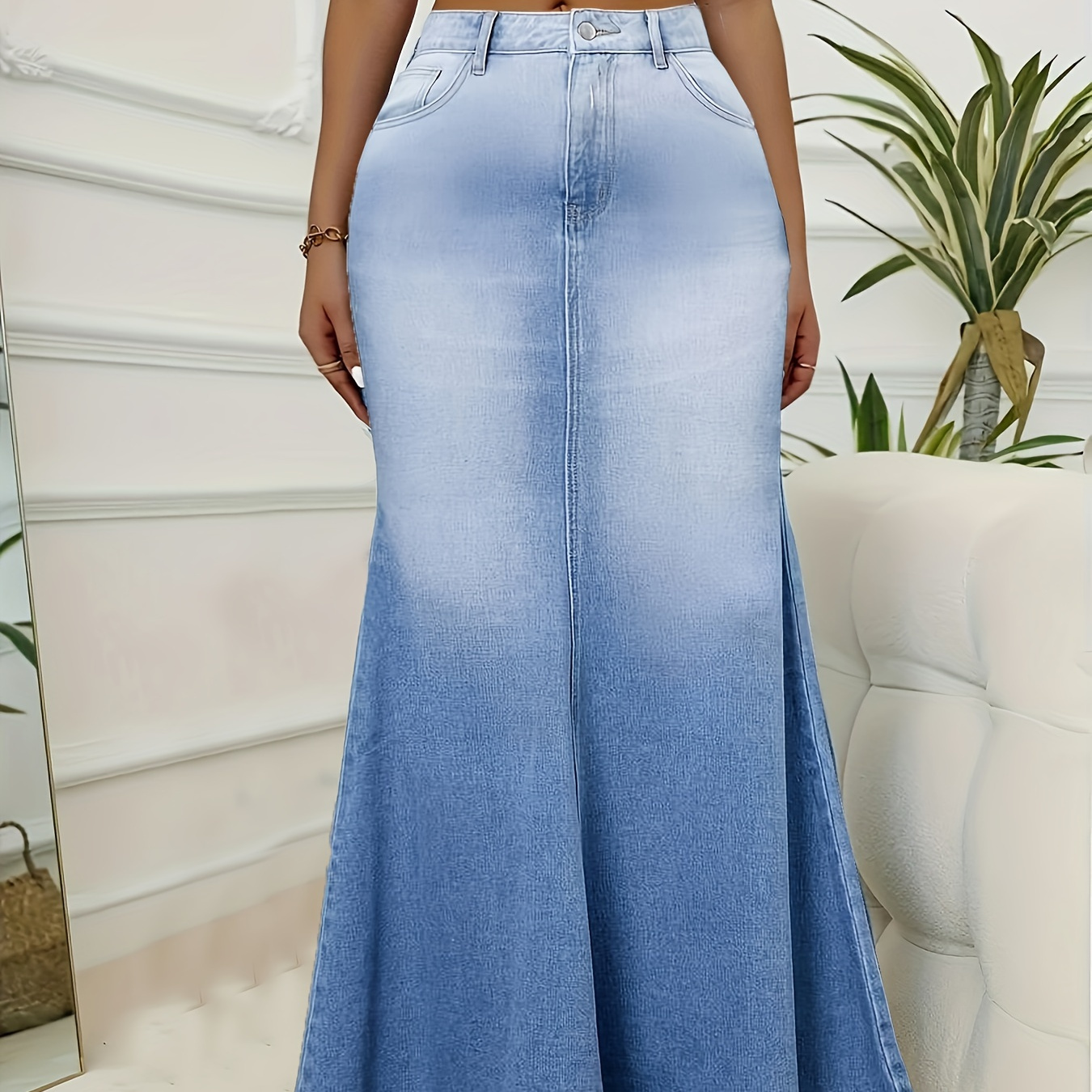 

Plus Size Ombre Washed Blue Elegant Style High Rise Trumpet Maxi Denim Skirt, Women's Denim Jeans & Clothing