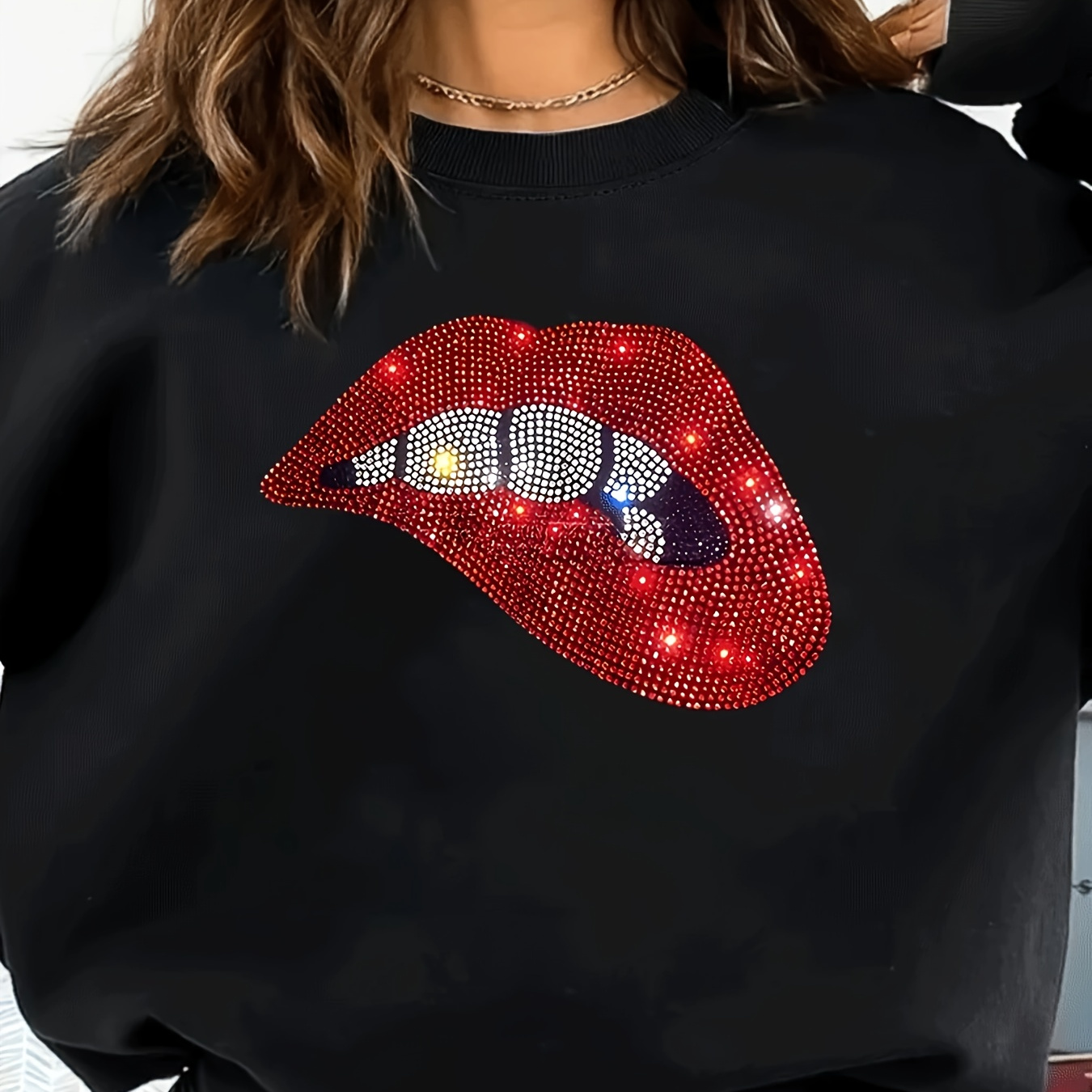 

Lip-shaped Rhinestone Pullover Sweatshirt, Casual Long Sleeve Crew Neck Sweatshirt For Fall & Winter, Women's Clothing