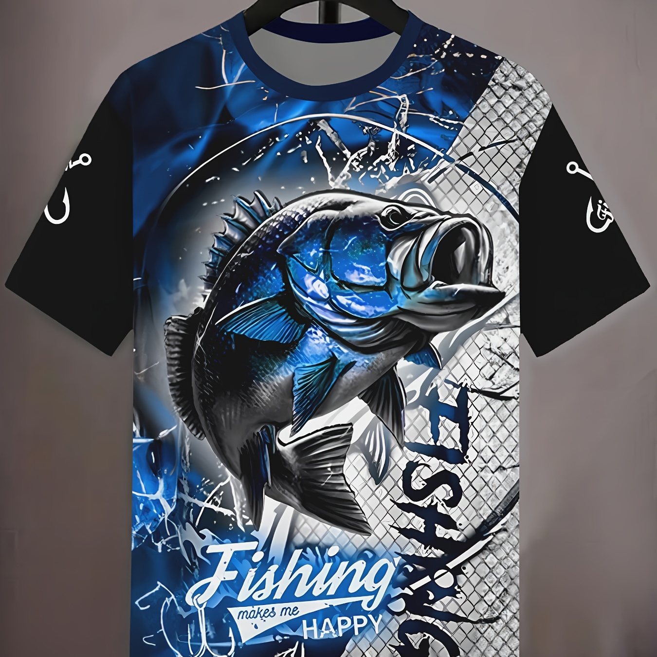 

Men's Fish Graphic Print T-shirt, Short Sleeve Crew Neck Tee, Men's Clothing For Summer Outdoor