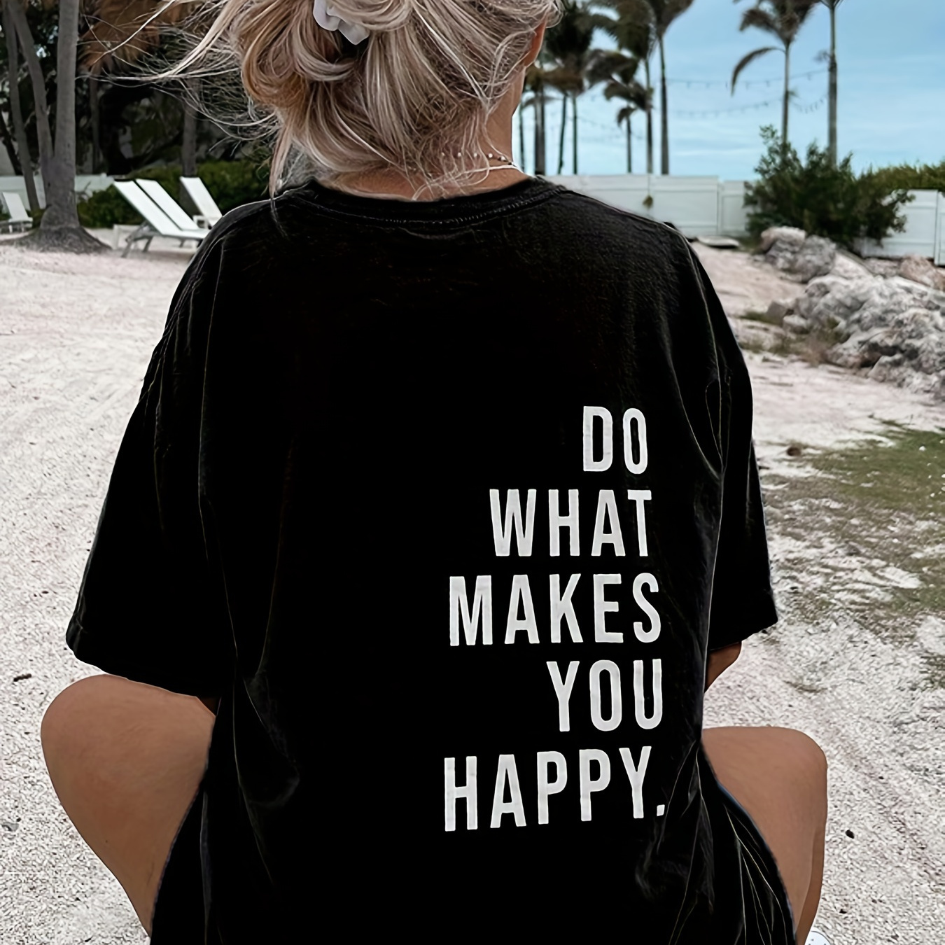 

Makes You Happy Print T-shirt, Short Sleeve Crew Neck Casual Top For Summer & Spring, Women's Clothing