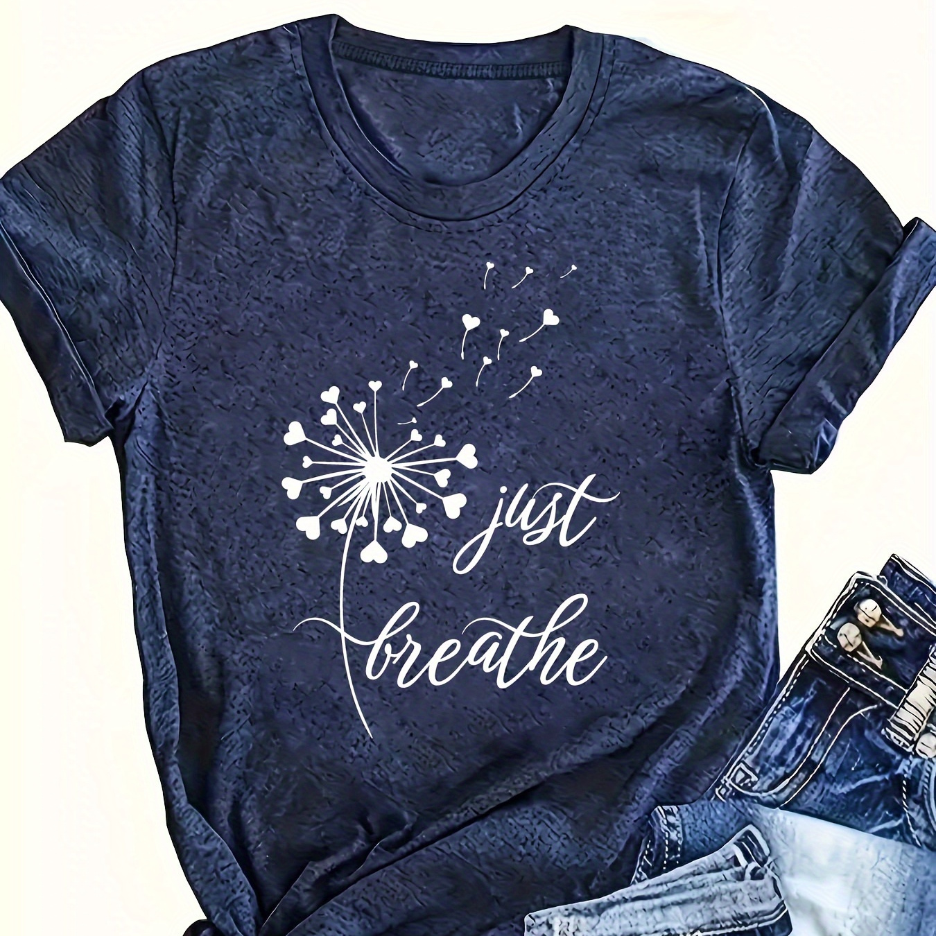

Dandelion & Just Breathe Print T-shirt, Casual Crew Neck Short Sleeve Top For Spring & Summer, Women's Clothing