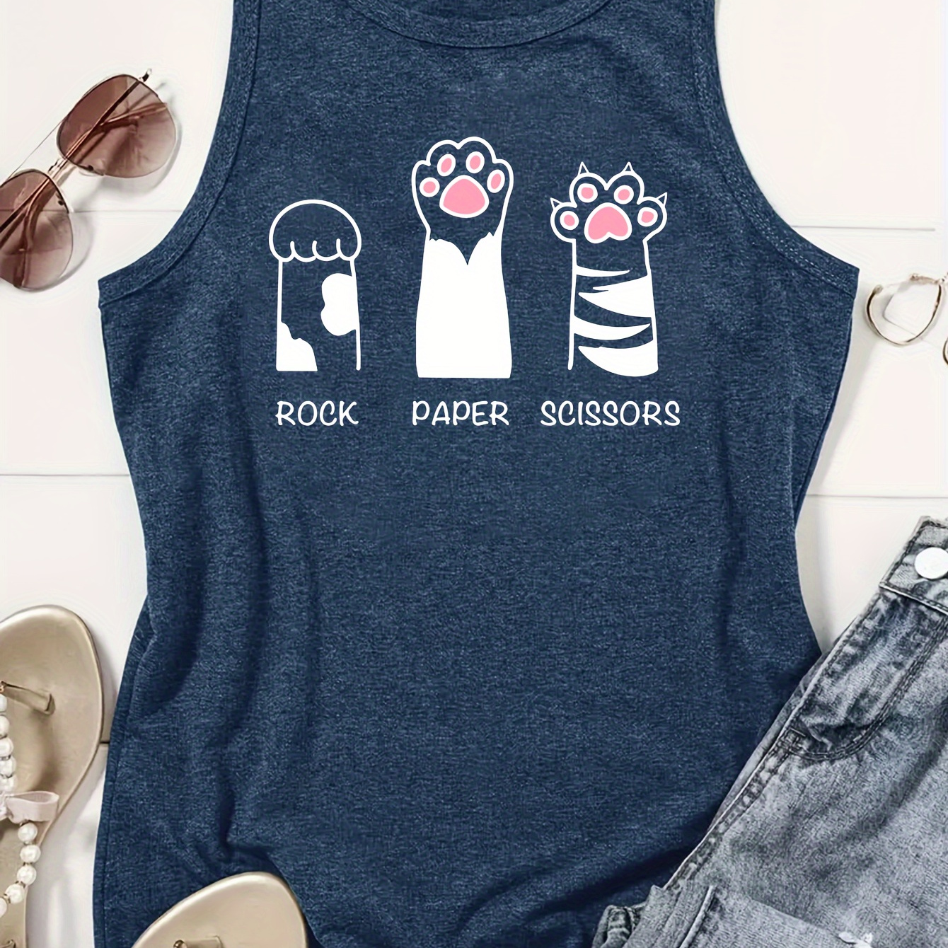 

Cute Cat Paw Print Tank Top, Casual Sleeveless Top For Spring & Summer, Women's Clothing