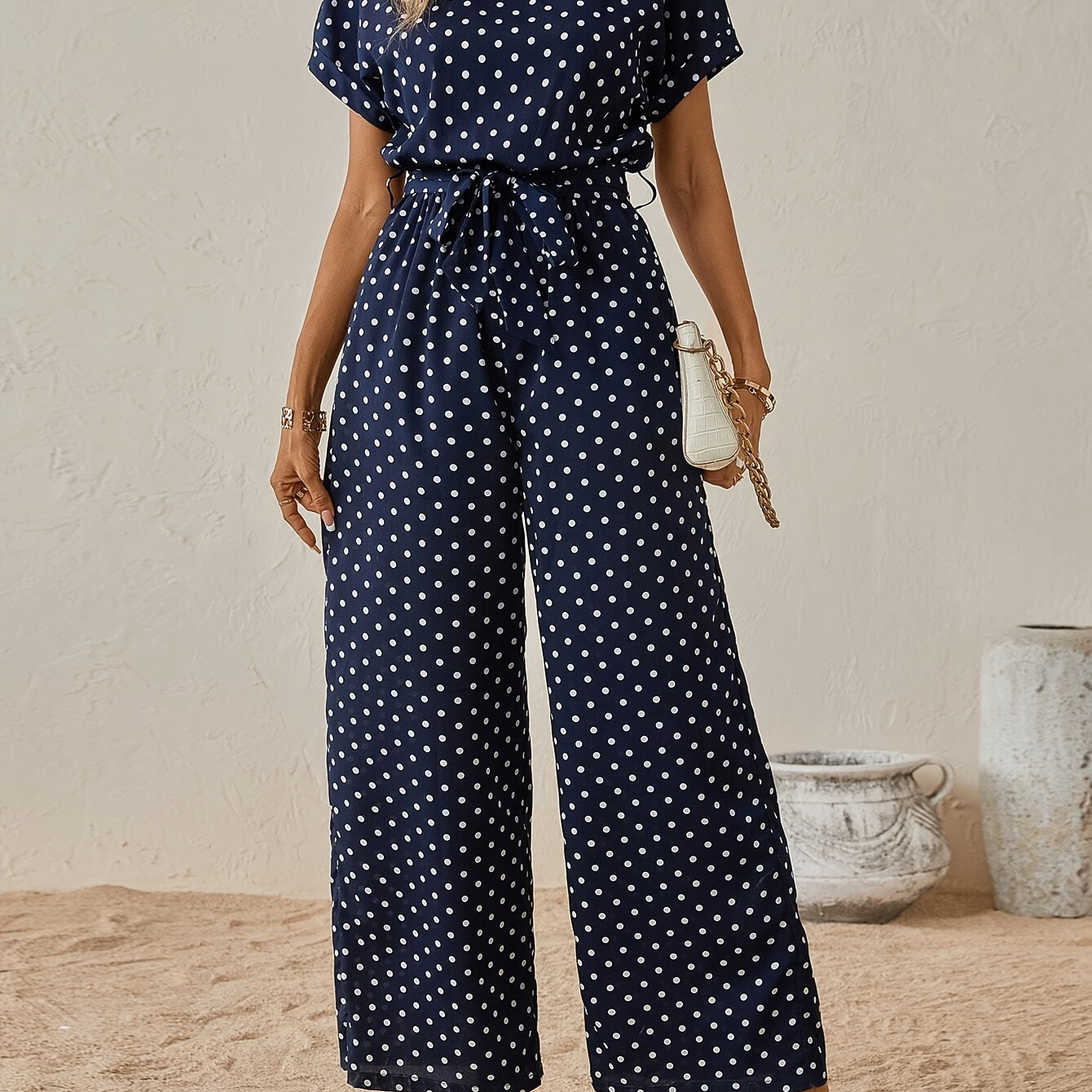 

Polka Dot Cinched Waist Jumpsuit, Casual Crew Neck Short Sleeve Jumpsuit For , Women's Clothing