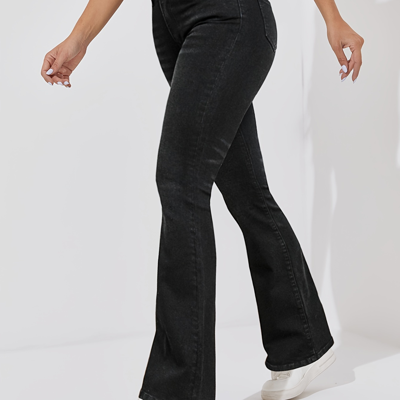 

Plain High Rise Flare Leg Jeans, Whiskering High Stretch Bell Bottom Denim Pants, Women's Denim Jeans & Clothing