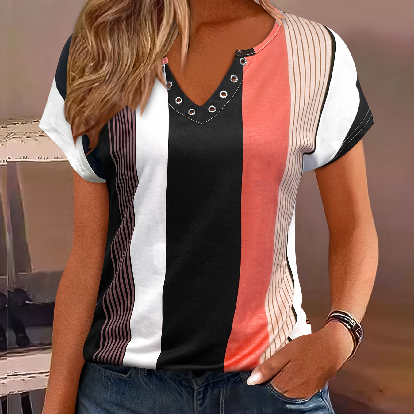 

Colorblock Print V Neck T-shirt, Casual Short Sleeve Top For , Women's Clothing