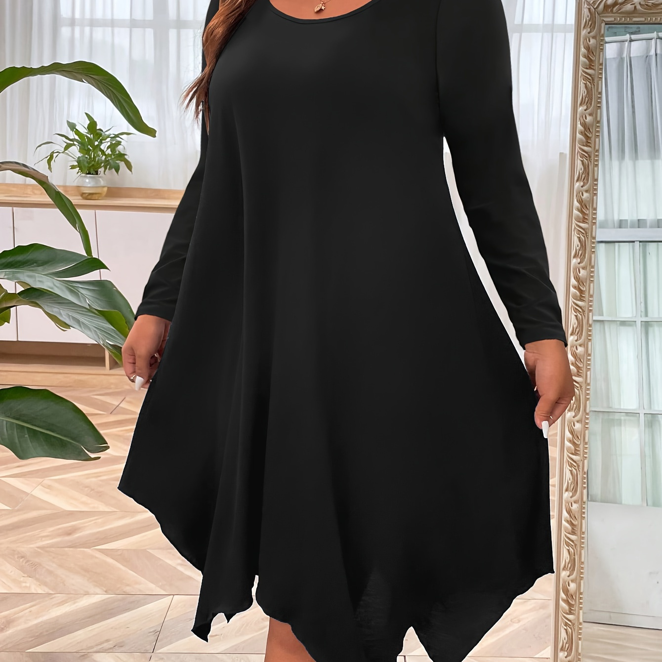 

Plus Size Solid Color Dress, Casual Long Sleeve Crew Neck Hanky Hem Dress For Spring & Fall, Women's Plus Size Clothing